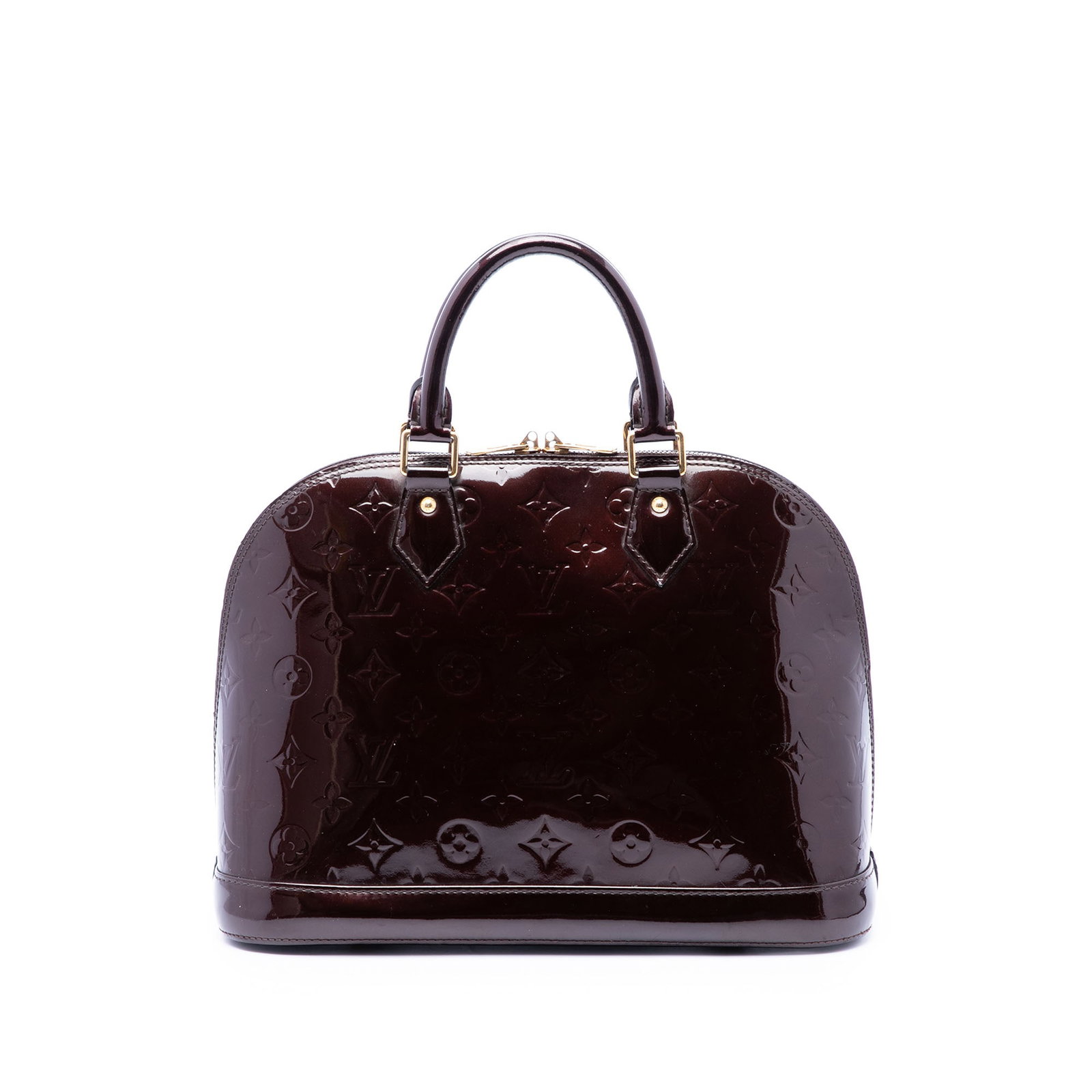 Louis Vuitton Alma PM Monogram Vernis Leather Handbag Purple: Louis Vuitton Alma PM Monogram Vernis Leather Handbag Purple A structured Louis Vuitton Alma PM handbag in Monogram Vernis leather with rolled leather handles, a top zip closure, and interior slip poc