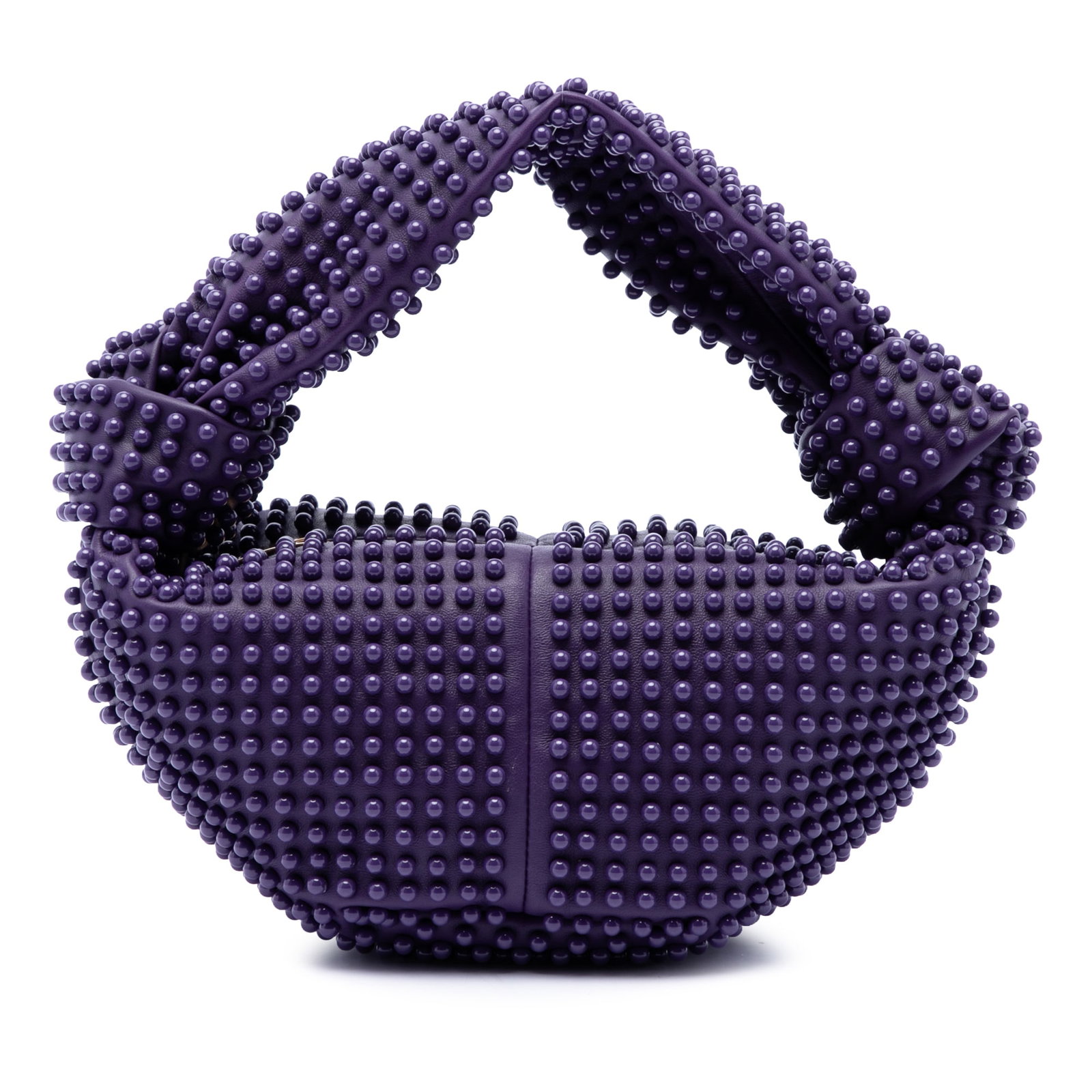 Bottega Veneta Double Knot Mini Studded Calfskin Handbag: Bottega Veneta Double Knot Mini Studded Calfskin Handbag A compact Bottega Veneta handbag crafted in purple leather with studded detailing and the signature double knot design. It features flat leathe