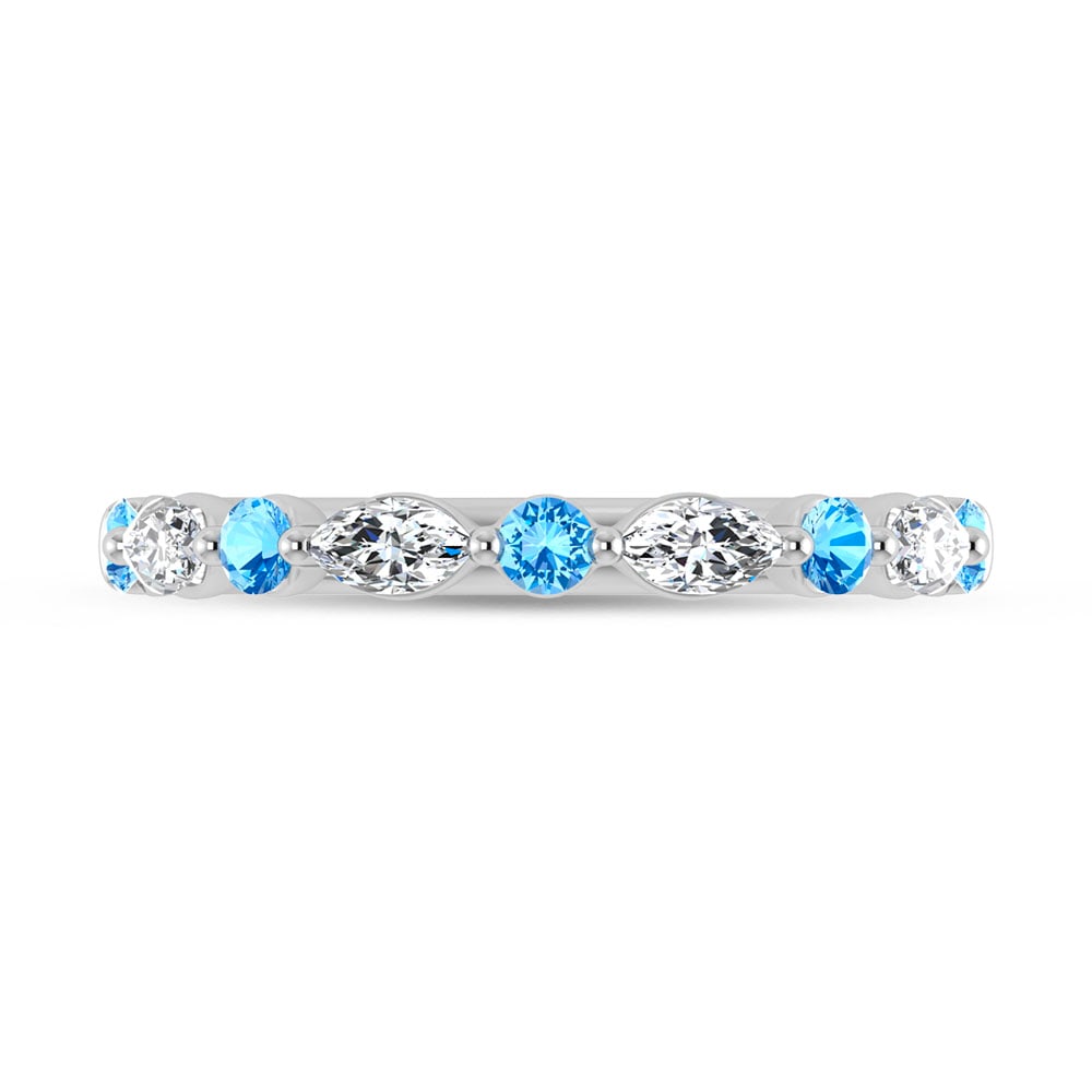 14K White Gold Alternate Blue and White Lab Grown Diamond 1/2 Ct.Tw. Stackable Band: 14K White Gold Alternate Blue and White Lab Grown Diamond 1/2 Ct.Tw. Stackable Band 14k White Gold Stone Color: D-f Stone Clarity: Vs Each ring is presented in standard size 6.5. Complimentary resizin