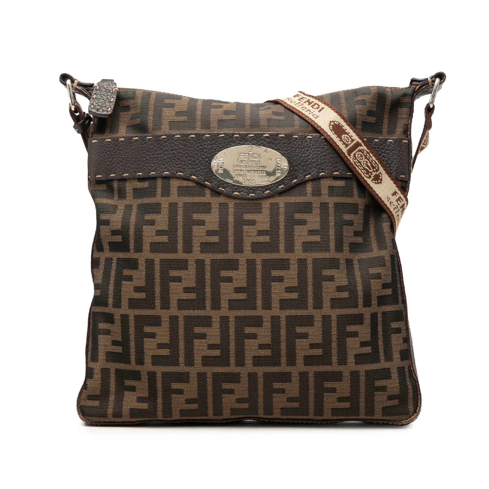 Fendi Zucca Selleria Brown Canvas Crossbody Bag: Fendi Zucca Selleria Brown Canvas Crossbody Bag Fendi Zucca Canvas Selleria Crossbody bag in brown canvas with leather trim. It features an adjustable flat leather strap, a top zip closure, and an int