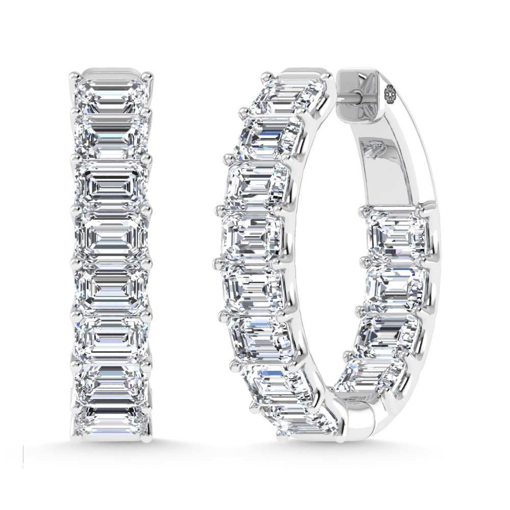 14K White Gold 6 Ct.Tw. Lab Grown Diamond Horizontal Emerald Shape In and Our Hoop Earrings: 14K White Gold 6 Ct.Tw. Lab Grown Diamond Horizontal Emerald Shape In and Our Hoop Earrings Glamorous 14K white gold hoops featuring 6 Ct.Tw. lab-grown diamonds in horizontal emerald shape. 14k White 