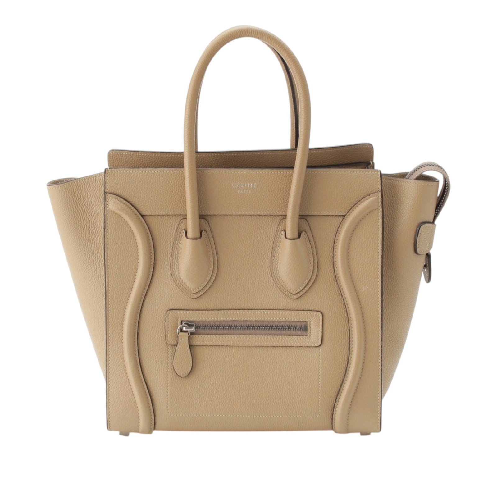 Celine Micro Luggage Tote in Beige Drummed Calfskin: Celine Micro Luggage Tote in Beige Drummed Calfskin A Celine Micro Luggage Tote crafted in drummed calfskin leather with the signature structured silhouette. This tote features rolled leather handles,