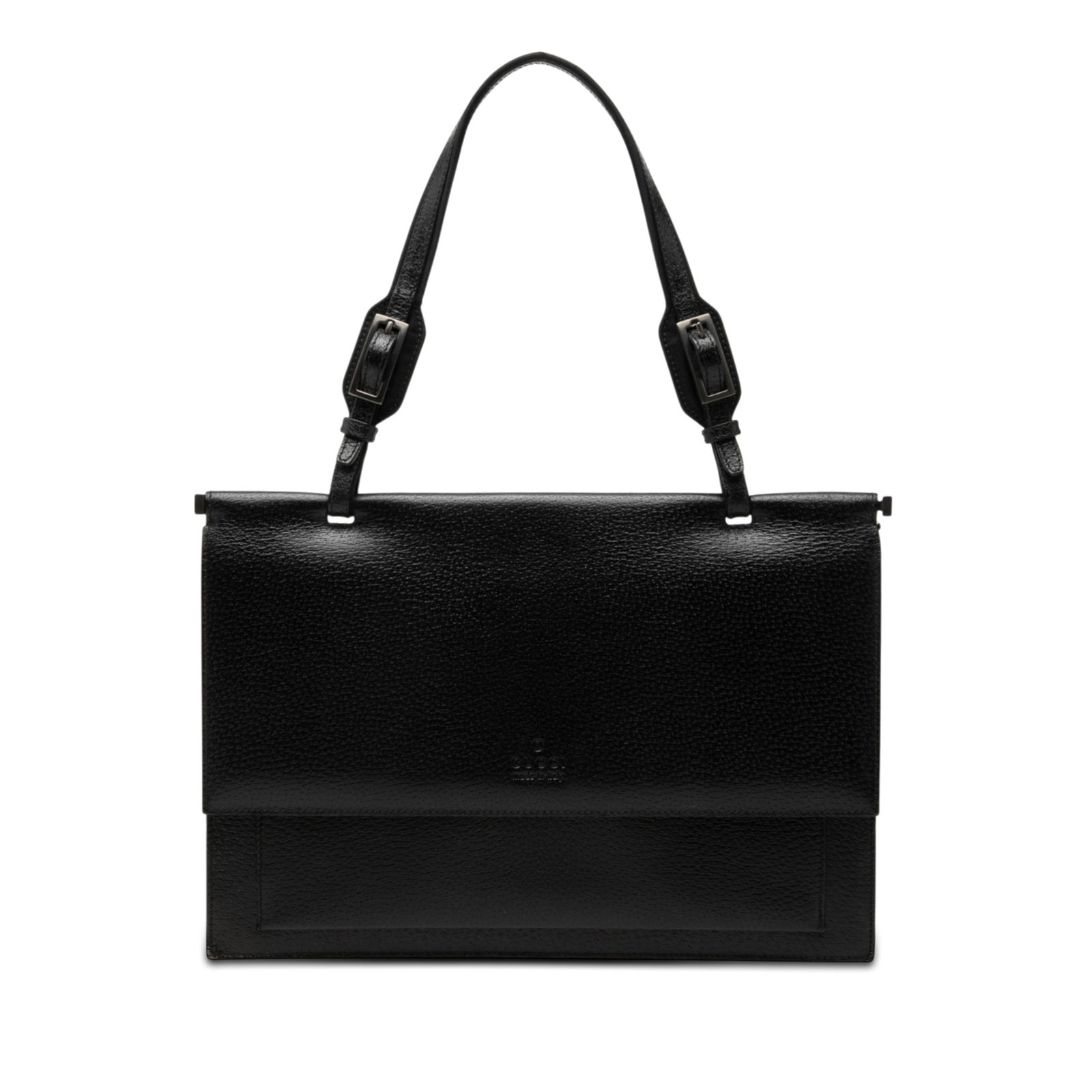 Gucci black grained leather top handle handbag: Gucci black grained leather top handle handbag Gucci top handle bag crafted in black grained calfskin leather. The bag features a flat leather handle, a front flap with magnetic closure, and an interi