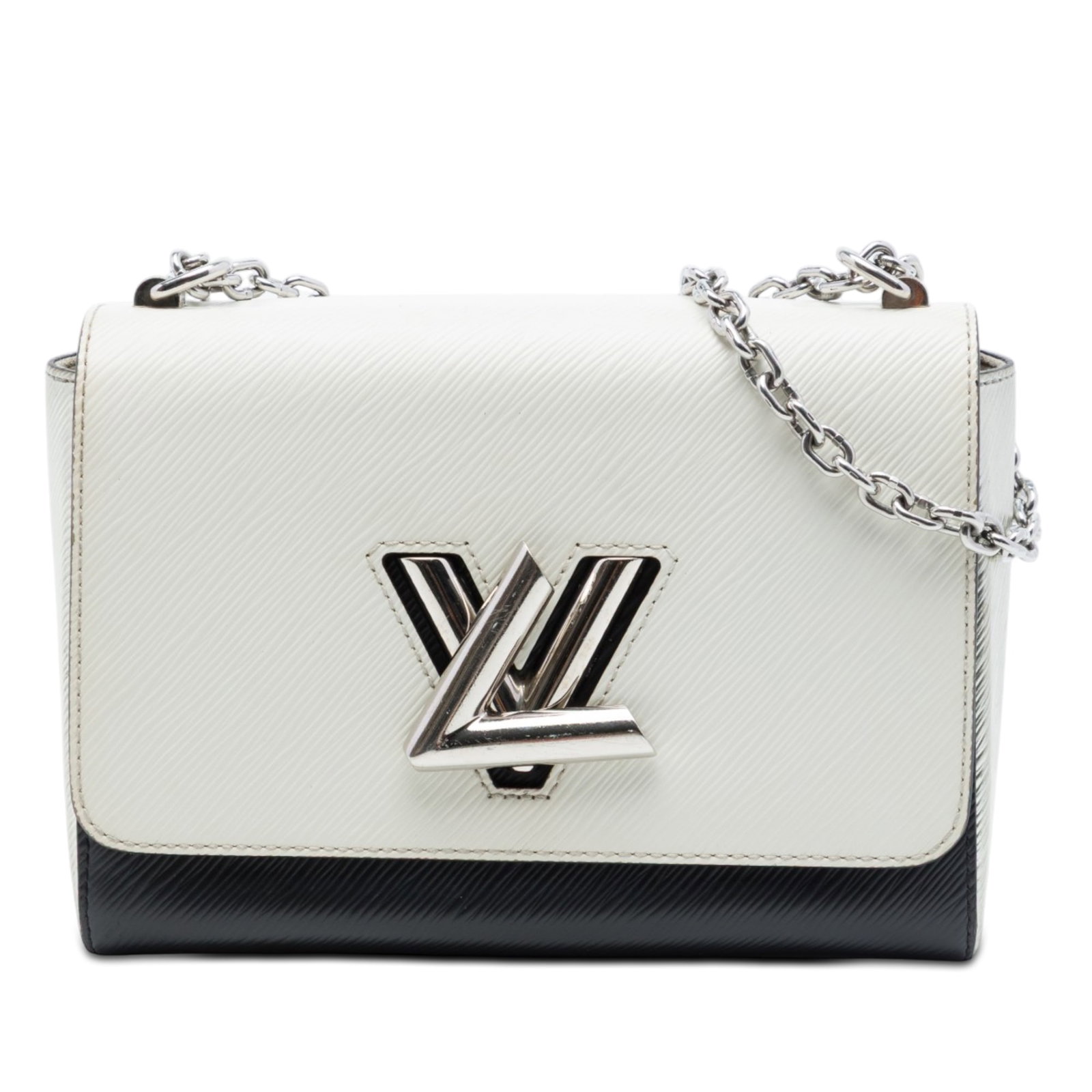 Louis Vuitton Twist MM Epi Leather Shoulder Bag White: Louis Vuitton Twist MM Epi Leather Shoulder Bag White Louis Vuitton Twist MM shoulder bag in white Epi leather with a bicolor design. It features a chain link strap with a leather guard, a front flap 