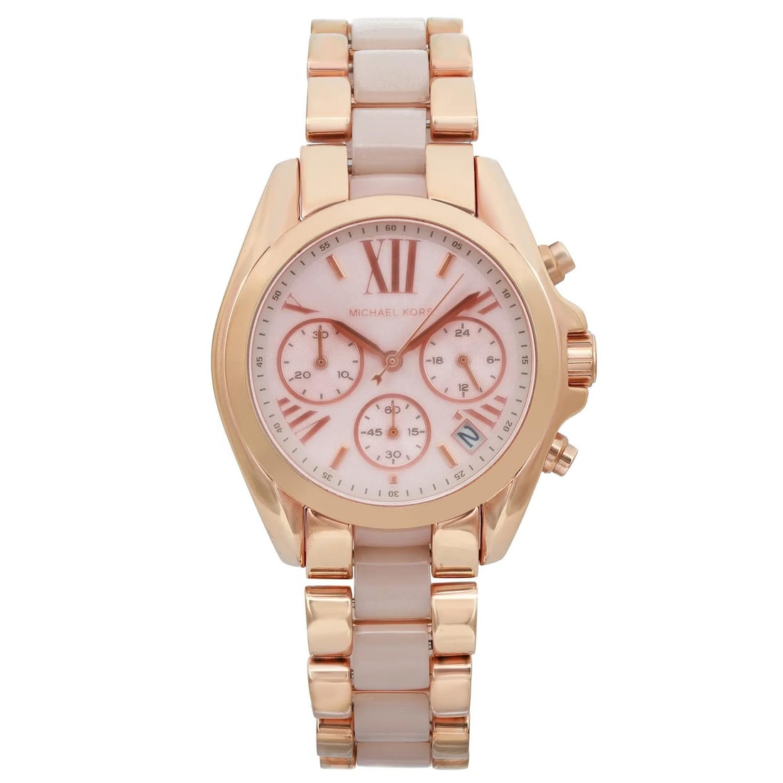 Michael Kors MK6066 Bradshaw womens chronograph watch rose gold tone steel: Michael Kors MK6066 Bradshaw womens chronograph watch rose gold tone steel Pre-owned Michael Kors Bradshaw ladies wristwatch with a rose gold-tone dial and chronograph display. This analog quartz watc