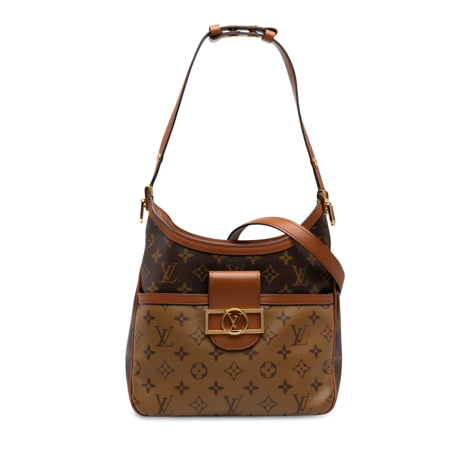 Louis Vuitton Dauphine Hobo PM Monogram Reverse Shoulder Bag: Louis Vuitton Dauphine Hobo PM Monogram Reverse Shoulder Bag A Louis Vuitton Monogram Reverse Dauphine Hobo PM handbag crafted with a monogram canvas body. It features a flat leather strap, a detachab