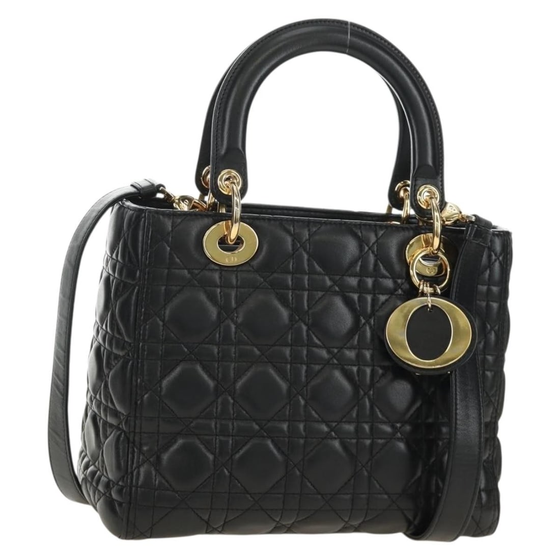 Christian Dior Lady Dior 2way Lamb Skin Handbag Black Gold: Christian Dior Lady Dior 2way Lamb Skin Handbag Black Gold Christian Dior Lady Dior handbag in lamb skin with a black and gold colorway. This 2-way style includes a shoulder strap and charm, and it co
