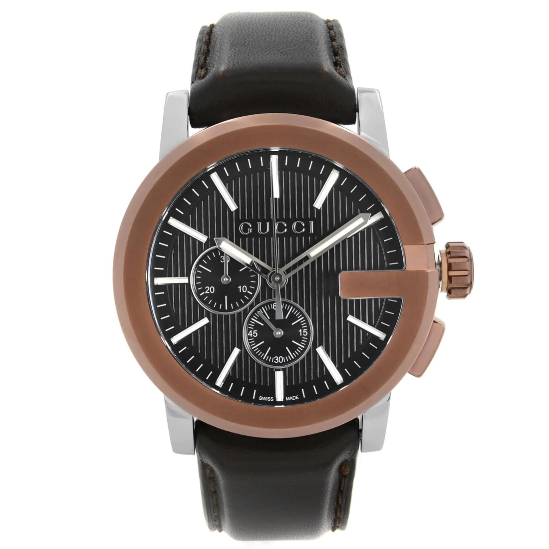 Gucci YA101202 G Chrono XL mens quartz watch black dial steel: Gucci YA101202 G Chrono XL mens quartz watch black dial steel Gucci G-Chrono XL men's chronograph watch with a black dial and quartz movement. This pre-owned watch shows tiny dents and scratches on th