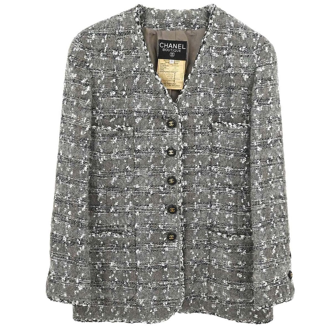 Vintage CHANEL Gray Tweed Wool Mohair Jacket Size 38 France: Vintage CHANEL Gray Tweed Wool Mohair Jacket Size 38 France This Chanel gray mid-length women's jacket is a vintage, regular-fit piece made in France. It features a collarless design with long sleeves