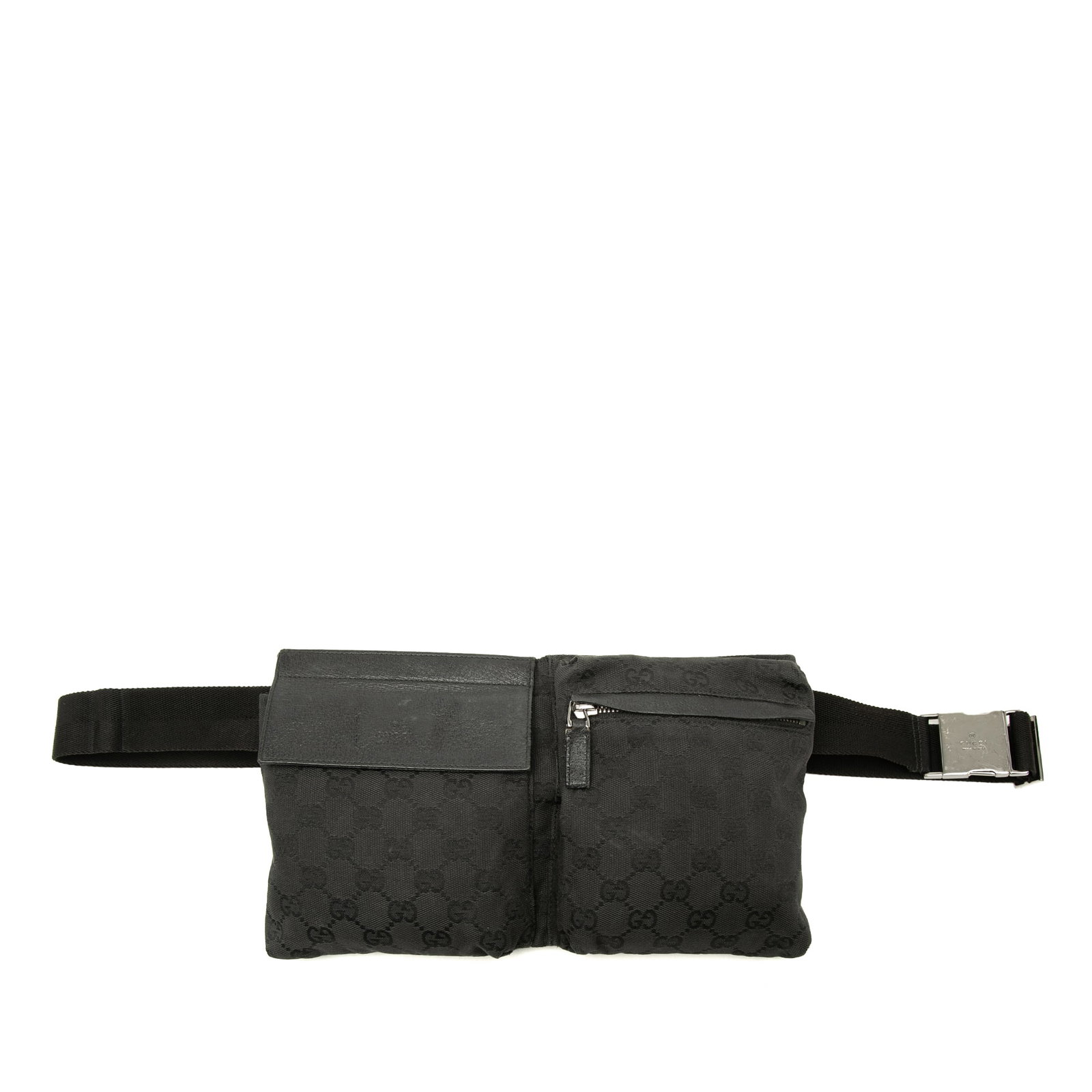 Gucci GG Canvas Waist Bag with Double Front Pockets: Gucci GG Canvas Waist Bag with Double Front Pockets Gucci GG Canvas Double Pocket Belt Bag in black fabric with an adjustable waist strap. The design features dual exterior front compartments with fla