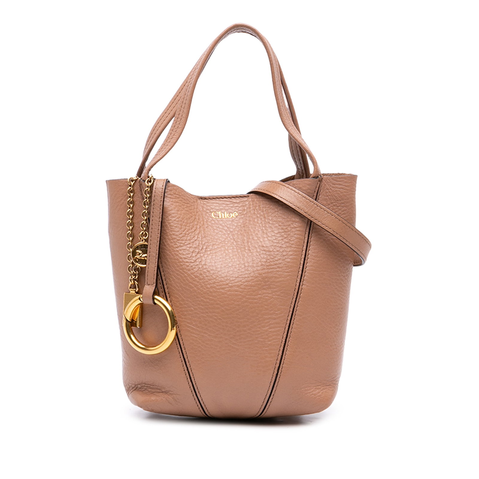 Chloe Spin Satchel Small Grained Calfskin Leather Bag: Chloe Spin Satchel Small Grained Calfskin Leather Bag A Chloe Small Grained Calfskin Spin Satchel crafted in brown leather and made in Italy. This satchel features flat leather handles, a detachable f