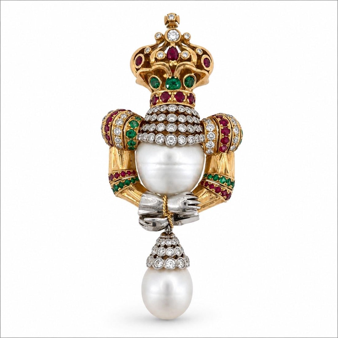 South Sea Pearl Diamond Burma Ruby Brooch in 18K Yellow Gold: South Sea Pearl Diamond Burma Ruby Brooch in 18K Yellow Gold Pre-owned 18K yellow gold brooch set with two South Sea pearls, old mine diamonds, and Burma rubies. The design features substantial gemsto