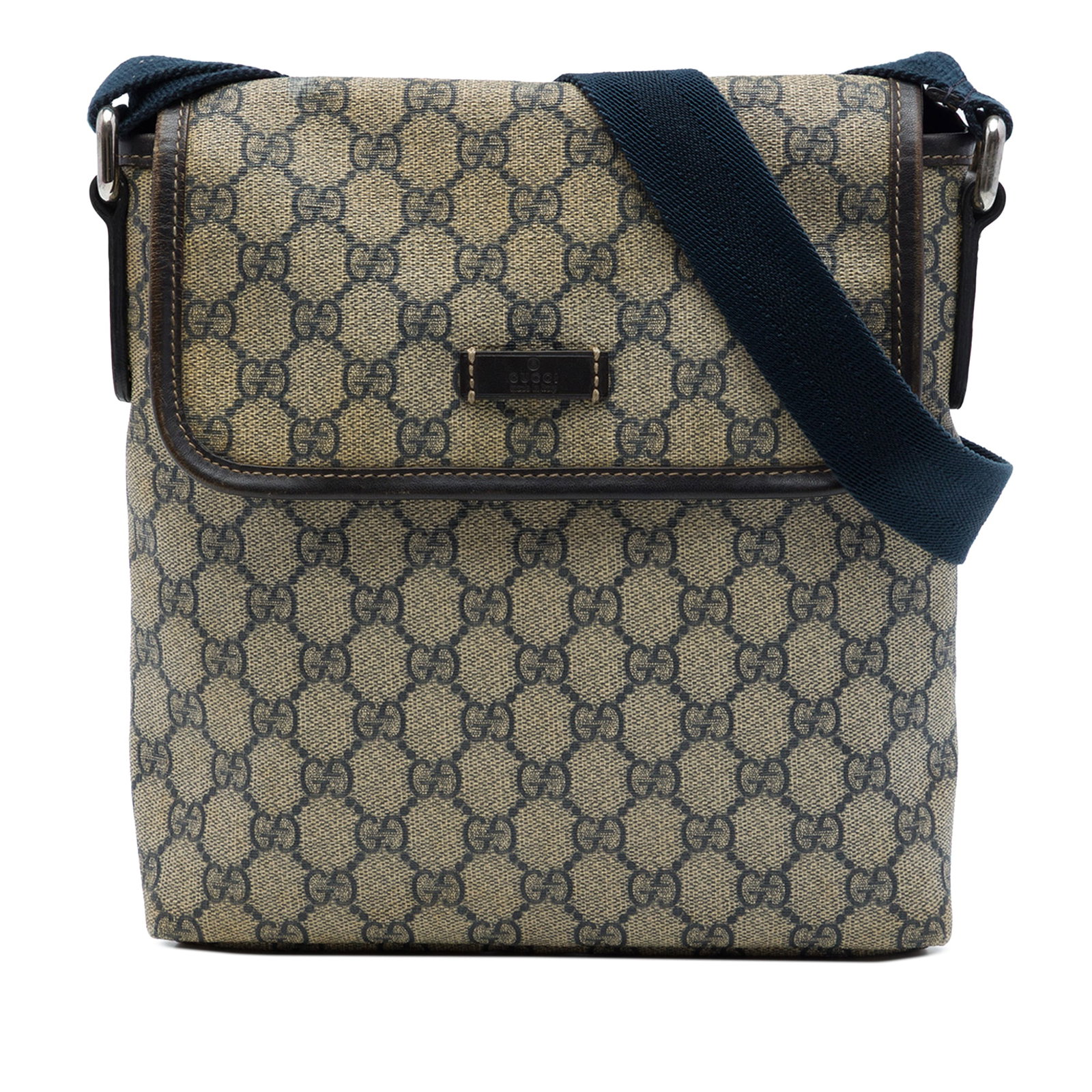 Gucci GG Supreme beige coated canvas crossbody bag: Gucci GG Supreme beige coated canvas crossbody bag Gucci GG Supreme Crossbody bag crafted with a coated canvas body and leather trim. It features an adjustable flat canvas strap, a front flap with mag
