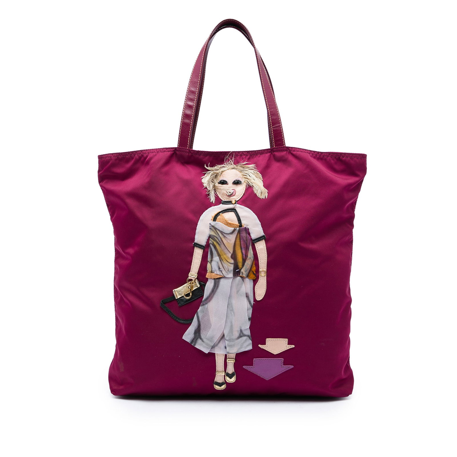 Prada Tessuto Robot Doll Tote Bag in Purple Nylon: Prada Tessuto Robot Doll Tote Bag in Purple Nylon Prada Tessuto Robot Doll Tote in purple with a nylon body and patchwork details. This tote features flat leather straps, an open top, and interior zip