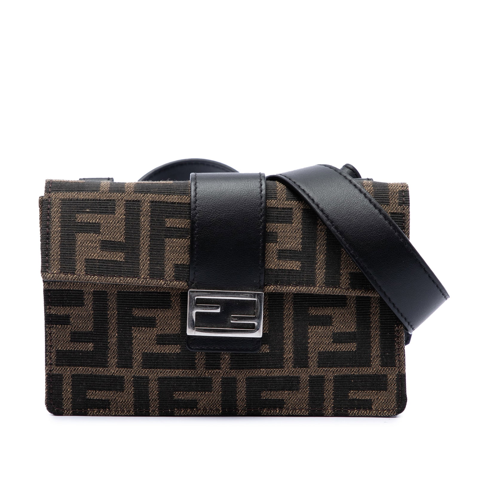 Fendi Zucca Canvas Crossbody Pouch with Detachable Leather Strap: Fendi Zucca Canvas Crossbody Pouch with Detachable Leather Strap Fendi Zucca Canvas Convertible Baguette Pouch in brown canvas with leather trim. This compact bag features a detachable flat leather st