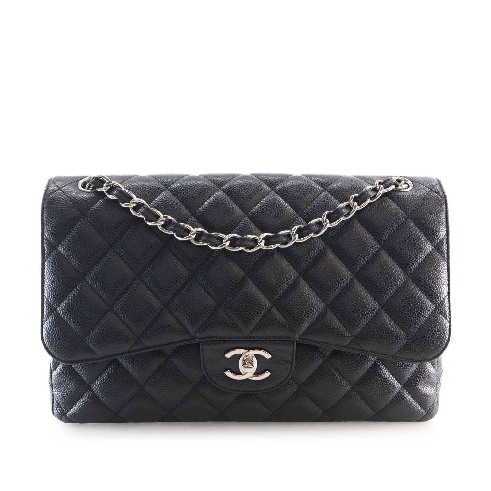 Chanel Jumbo Classic Double Flap Shoulder Bag in Black Caviar Leather: Chanel Jumbo Classic Double Flap Shoulder Bag in Black Caviar Leather A Chanel Jumbo Classic Caviar Double Flap shoulder bag crafted in black quilted caviar leather. It features leather-woven chain li