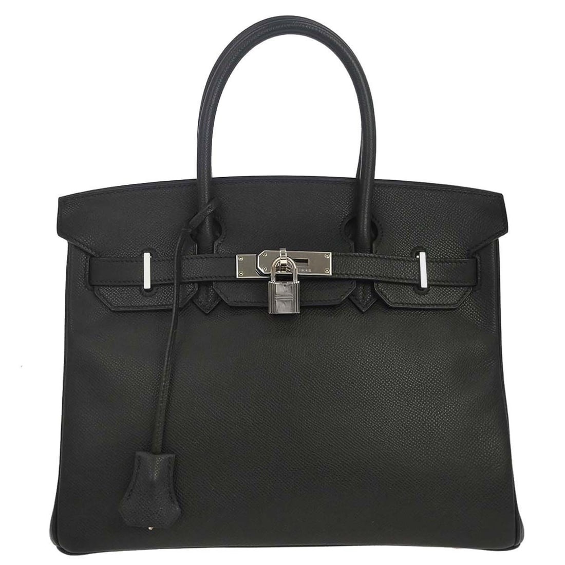 Hermes Birkin 30 Black Epsom Leather Handbag with Padlock Keys: Hermes Birkin 30 Black Epsom Leather Handbag with Padlock Keys Hermes Birkin 30 handbag in black Epsom leather with silver-tone hardware and a turn-lock flap closure. It features double handles, botto