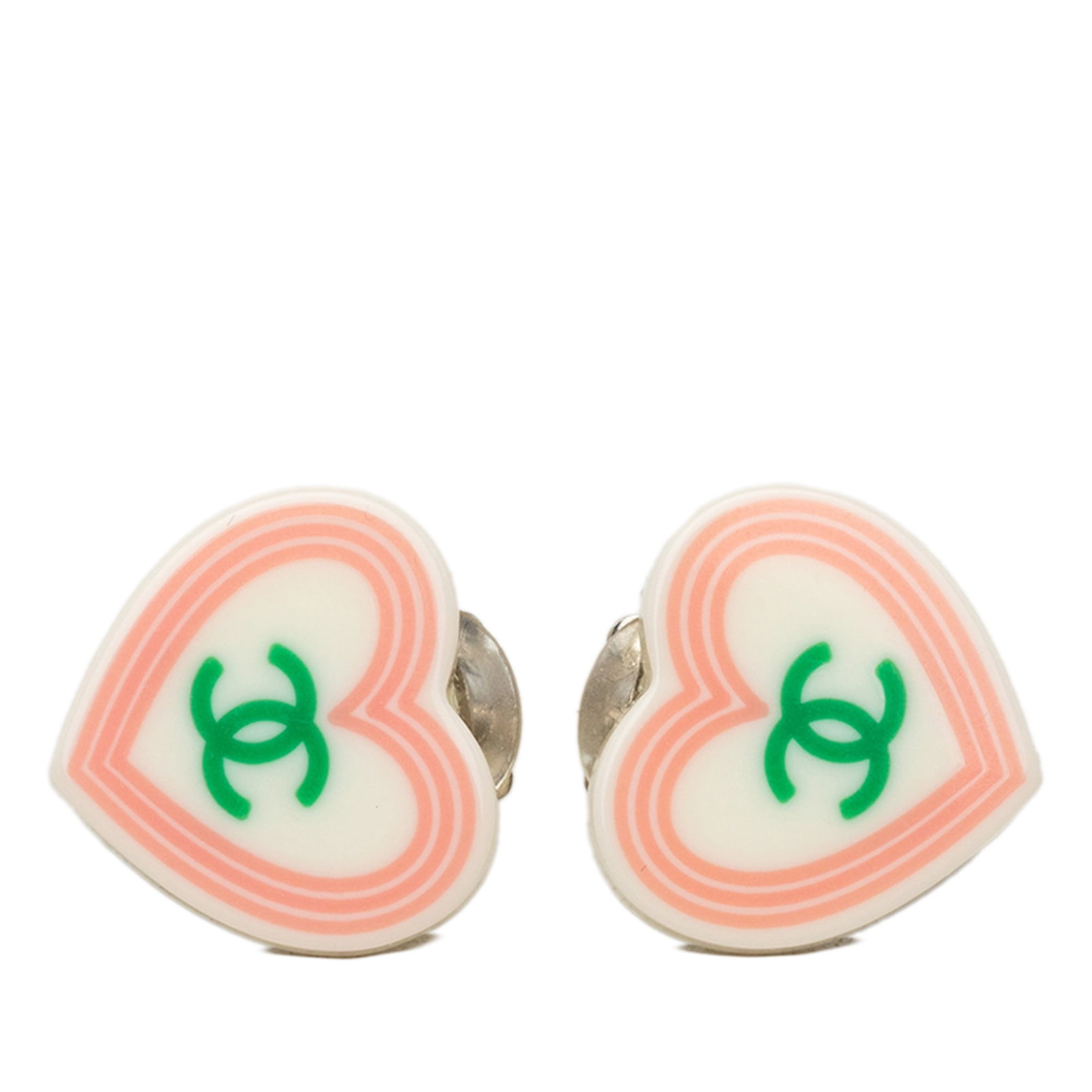 Chanel Heart CC Clip Earrings White Resin: Chanel Heart CC Clip Earrings White Resin Chanel CC resin heart clip-on earrings in white plastic with a costume jewelry design. Includes the box. Condition is AB with scratches to the lock and embell