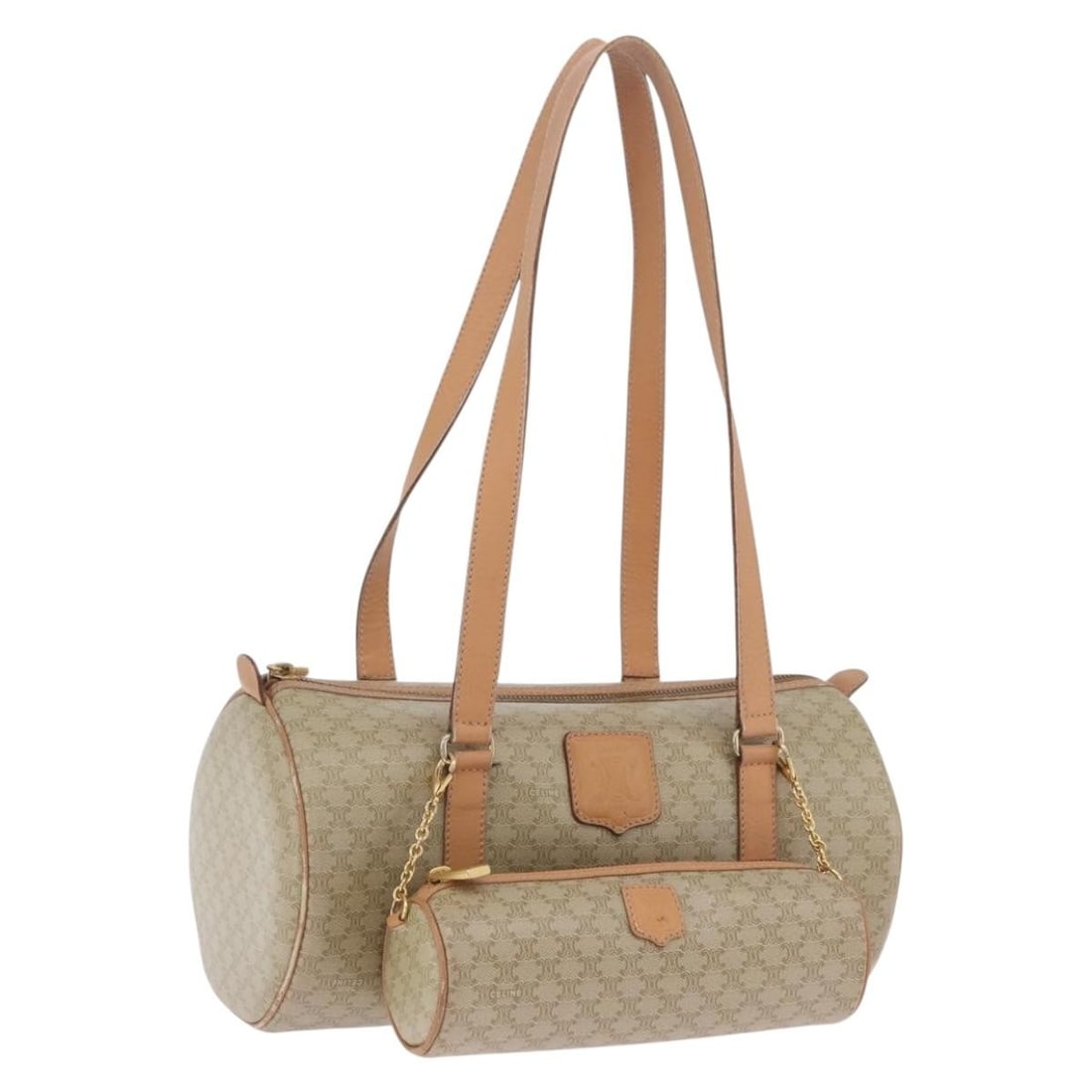 CELINE Macadam PVC Leather Shoulder Bag Beige Gold with Dust Bag: CELINE Macadam PVC Leather Shoulder Bag Beige Gold with Dust Bag Celine shoulder bag in Macadam canvas with PVC leather trim, finished in beige and gold. Made in Italy, this women's bag includes a dus