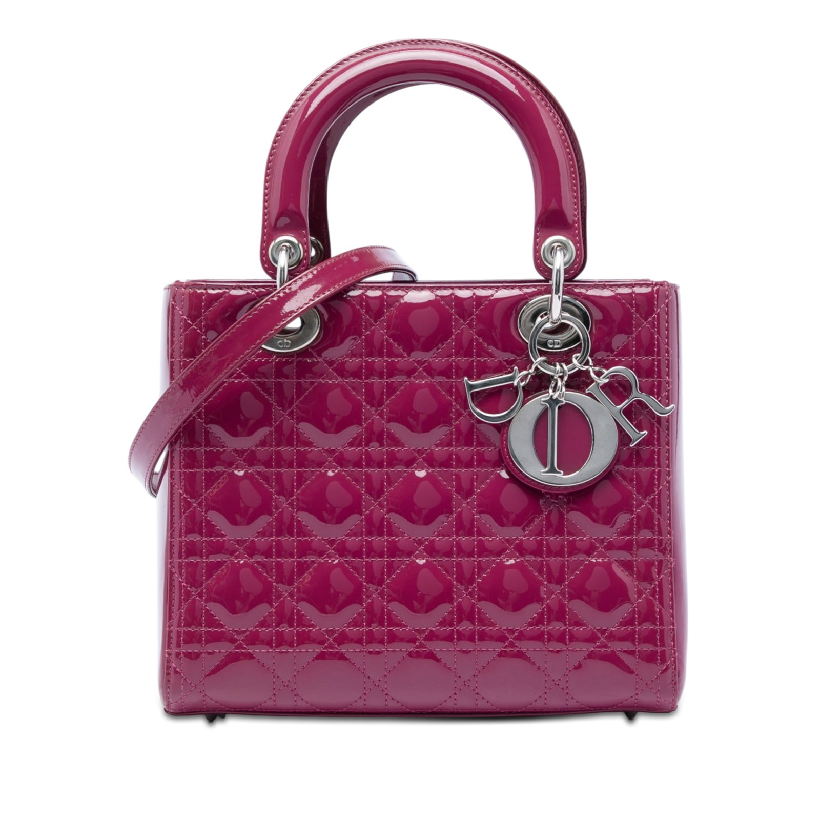 Dior Lady Dior Medium Cannage Patent Leather Bag Pink: Dior Lady Dior Medium Cannage Patent Leather Bag Pink Medium Lady Dior handbag in pink patent leather with Cannage quilting. This bag features flat top handles, a detachable flat leather strap, a top 
