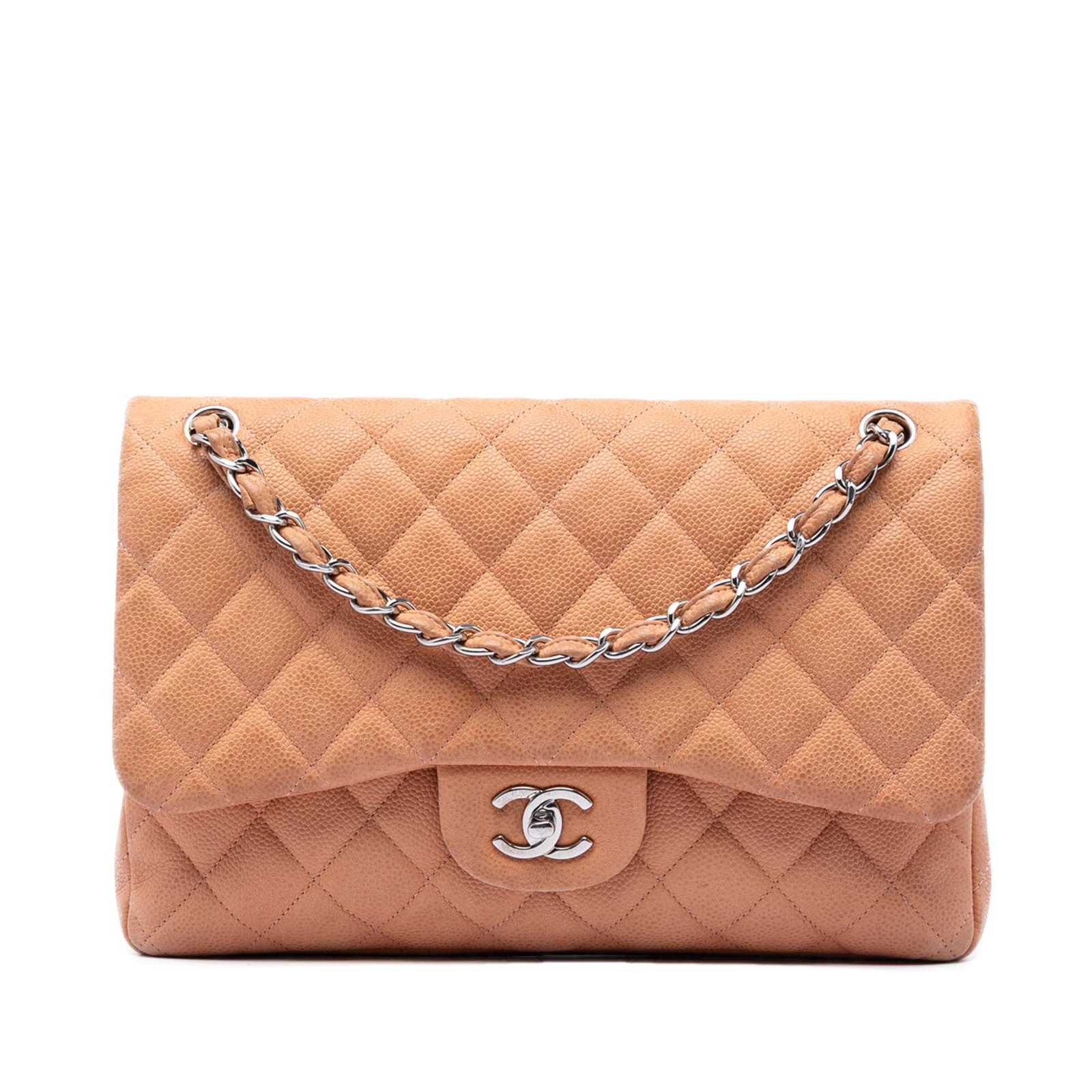 Chanel Jumbo Classic Double Flap Shoulder Bag Brown Caviar Leather: Chanel Jumbo Classic Double Flap Shoulder Bag Brown Caviar Leather A Chanel Jumbo Classic Caviar Double Flap shoulder bag in brown quilted caviar leather. This bag features leather-woven chain straps,