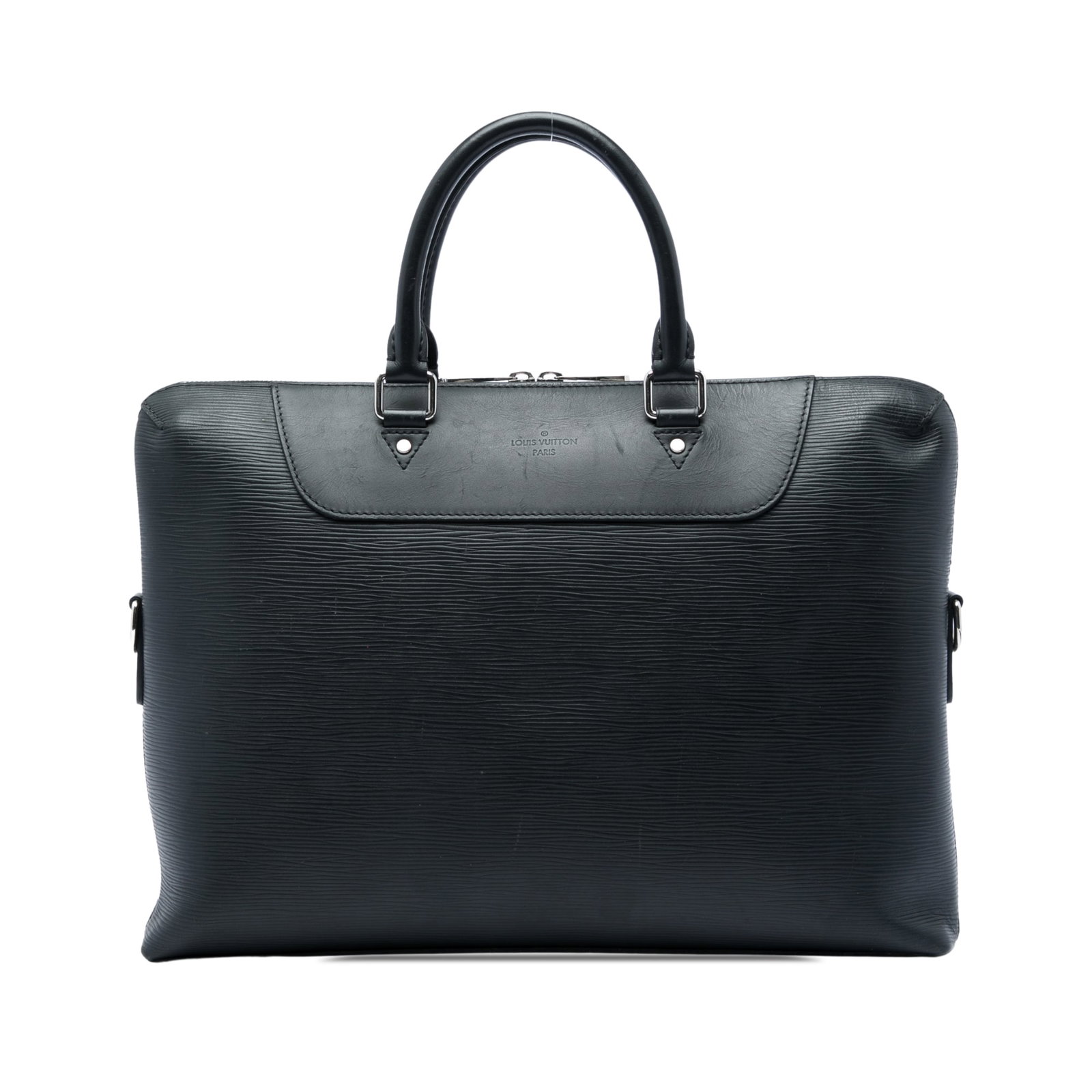 Louis Vuitton Epi Porte Documents Jour Black Leather Briefcase: Louis Vuitton Epi Porte Documents Jour Black Leather Briefcase A structured business bag crafted in black Epi leather with rolled leather handles and a top zip closure. The interior includes slip comp