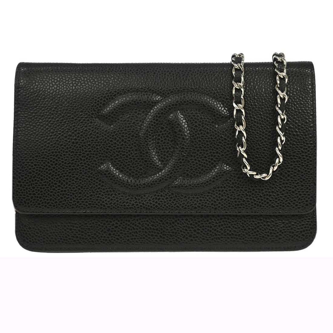 CHANEL Timeless WOC Wallet Black Caviar Leather Chain Strap: CHANEL Timeless WOC Wallet Black Caviar Leather Chain Strap Chanel Timeless WOC wallet on chain shoulder bag in black caviar skin leather. This women's folding wallet features a chain shoulder strap a