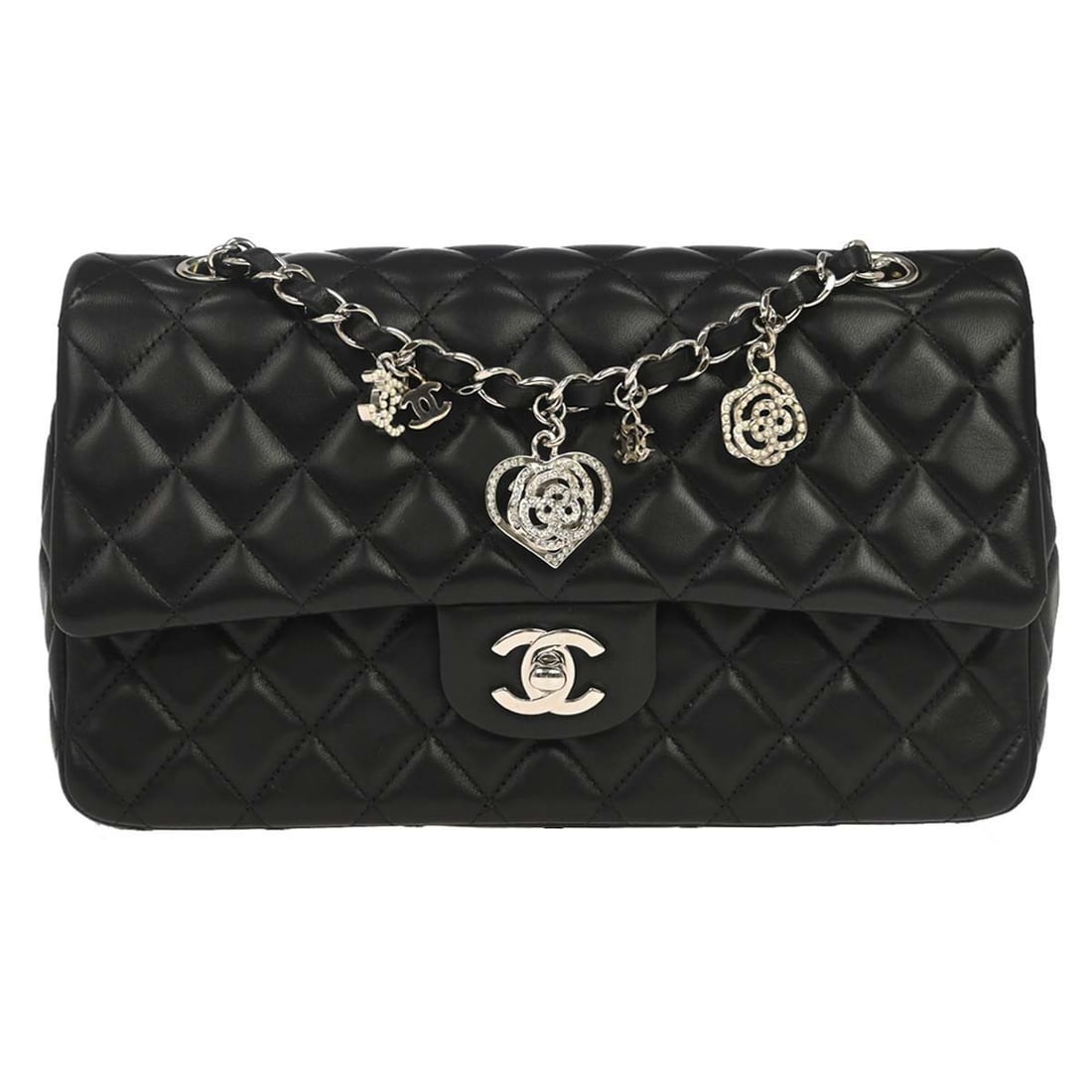 CHANEL Classic medium shoulder bag black lambskin turnlock: CHANEL Classic medium shoulder bag black lambskin turnlock Chanel shoulder bag in black lambskin with a matelasse design and turnlock closure. This medium single flap style features a shoulder chain s