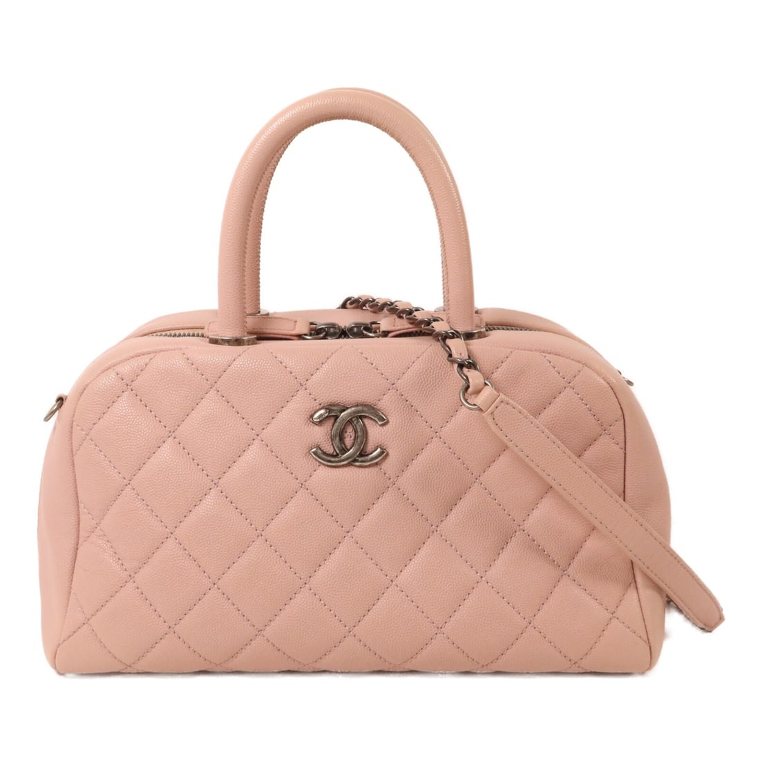 CHANEL CC Pink Calfskin 2way Shoulder Bowling Bag SHW: CHANEL CC Pink Calfskin 2way Shoulder Bowling Bag SHW Pink Chanel bowling bag in calfskin leather with chain shoulder strap and 2-way shoulder bag styling. This women's bag includes a hologram sticker