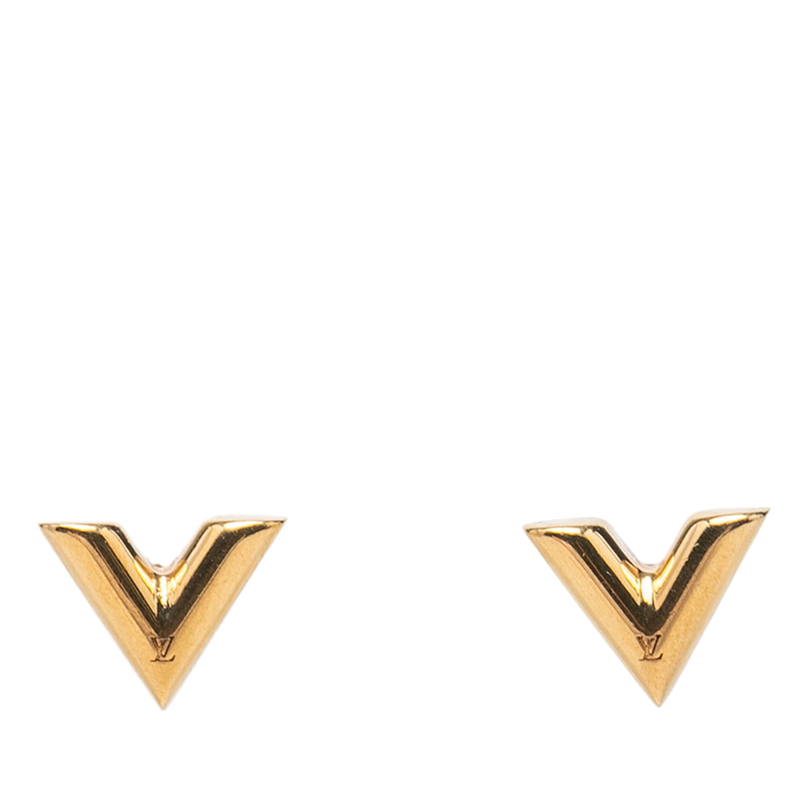 Louis Vuitton Essential V Gold Tone Stud Earrings: Louis Vuitton Essential V Gold Tone Stud Earrings Gold-plated Essential V stud earrings with a gold tone metal body and push back closures. Made in Italy and categorized as costume jewelry, these earr