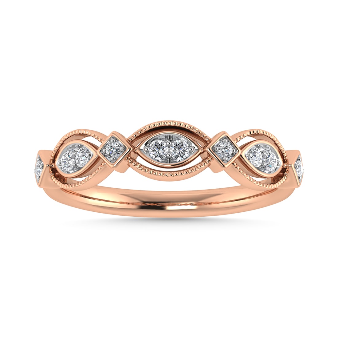 Diamond 1/6 Ct.Tw. Stack Band in 14K Rose Gold: Diamond 1/6 Ct.Tw. Stack Band in 14K Rose Gold 14k Rose Gold Stone Color: G-h Stone Clarity: I1 Each ring is presented in standard size 6.5. Complimentary resizing is available between sizes 510 (in 1