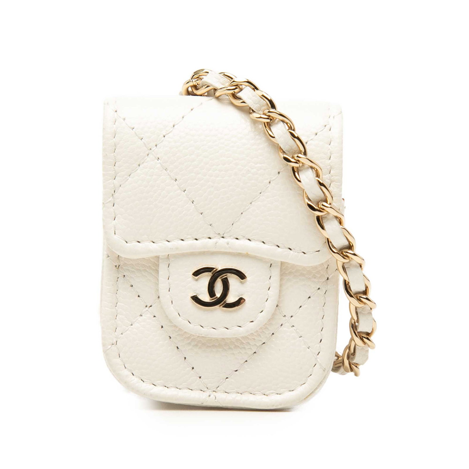 Chanel CC AirPods Crossbody Case in White Quilted Caviar Leather: Chanel CC AirPods Crossbody Case in White Quilted Caviar Leather Compact and elegant, this Chanel AirPods case is crafted in white quilted caviar leather and finished with a gold-tone leather-woven ch