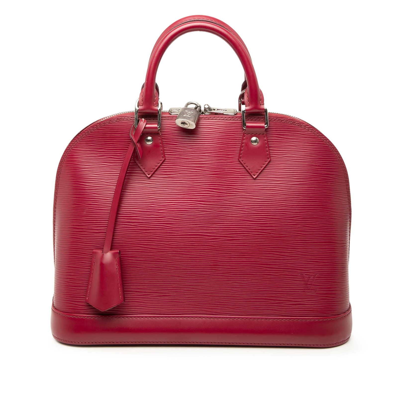 Louis Vuitton Alma PM red Epi leather handbag: Louis Vuitton Alma PM red Epi leather handbag Louis Vuitton Epi Alma PM handbag crafted in red Epi leather with rolled leather handles, a top zip closure, and an interior slip pocket. Made in France. 