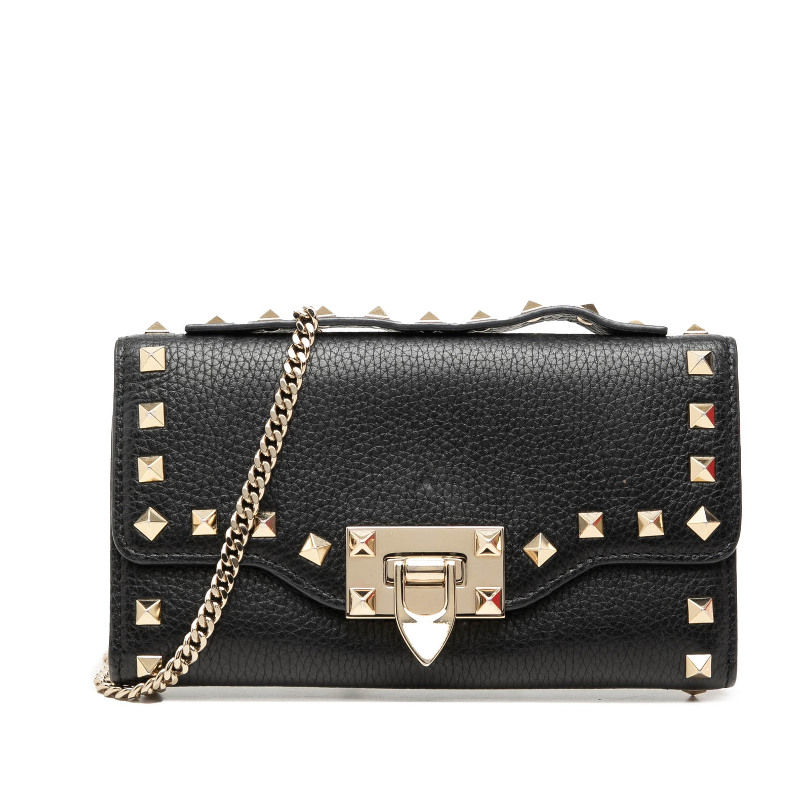Valentino Rockstud leather wallet on chain with top handle: Valentino Rockstud leather wallet on chain with top handle A Valentino Rockstud wallet on chain crafted in black pebbled calfskin leather. This compact bag features signature stud detailing, a flat to