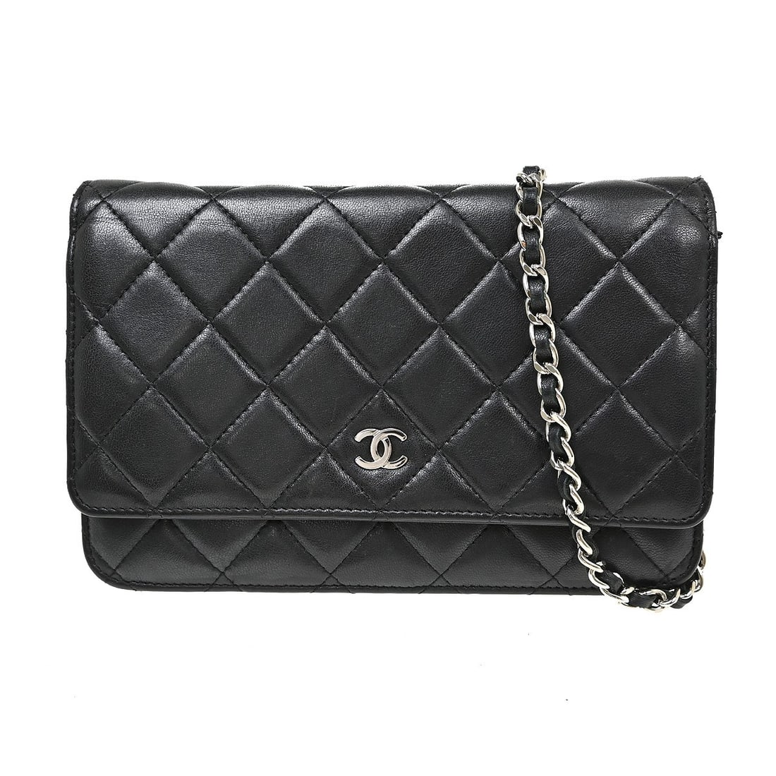 CHANEL Classic WOC Wallet on Chain Black Lambskin: CHANEL Classic WOC Wallet on Chain Black Lambskin Chanel Classic WOC Wallet on Chain bag in black lambskin leather. This folding wallet style features a chain strap and an organized interior with two 