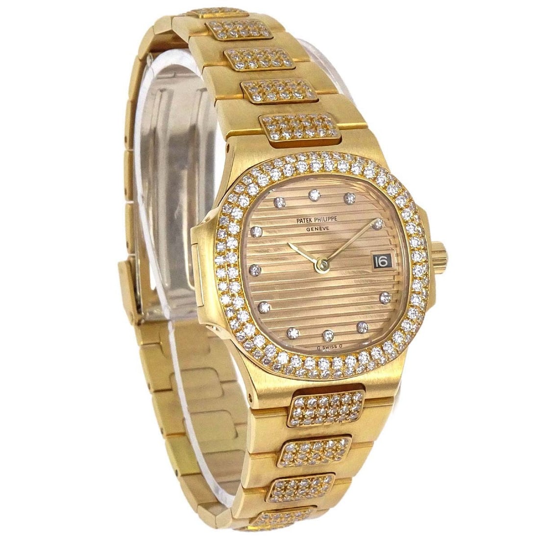 Patek Philippe Nautilus Ref.4700 28mm Ladies Quartz 18K Yellow Gold Watch: Patek Philippe Nautilus Ref.4700 28mm Ladies Quartz 18K Yellow Gold Watch Patek Philippe Nautilus Mini 28mm Ref. 4700/53 is a women's vintage wristwatch from the 1990s with a quartz movement and analo