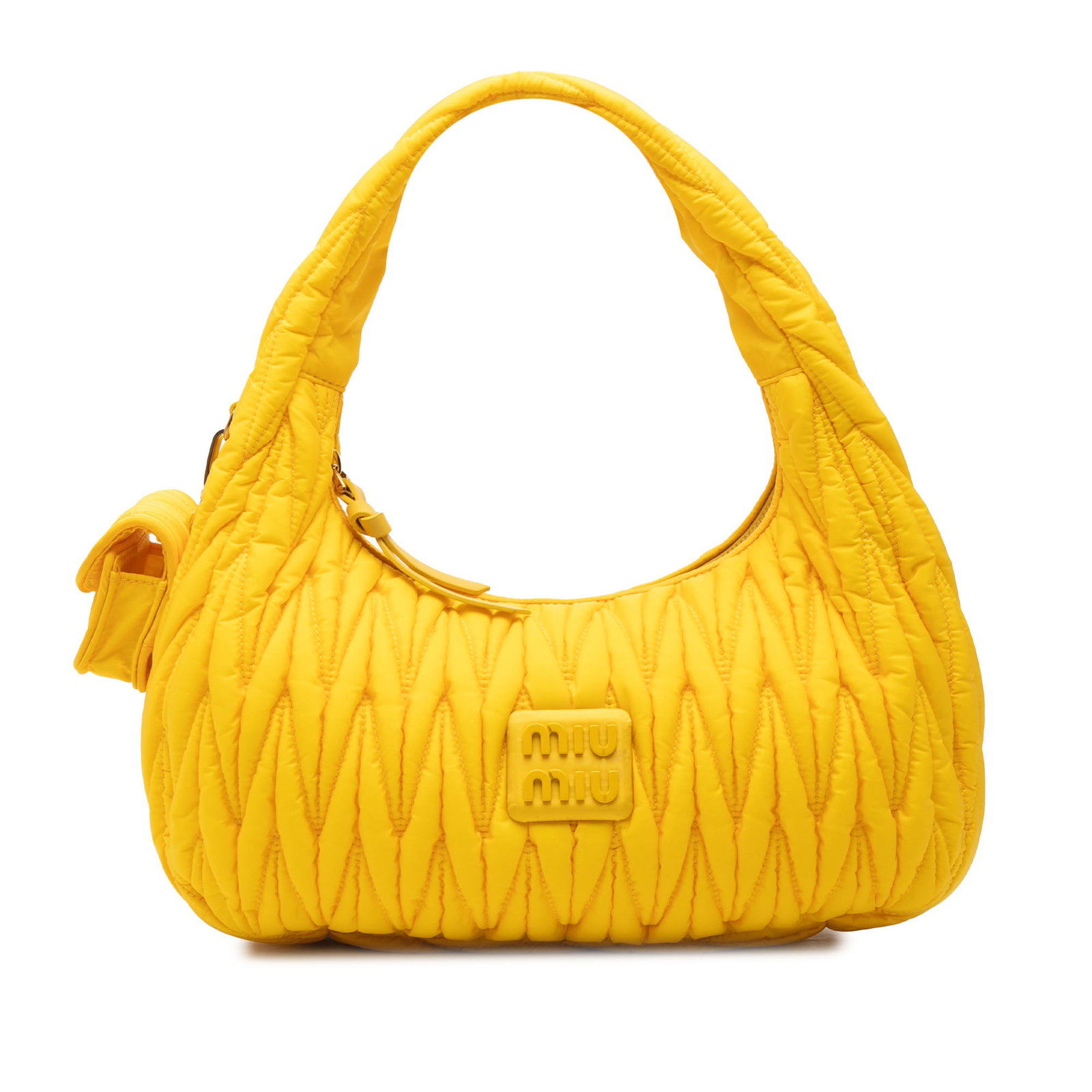 Miu Miu Wander Hobo Bag Matelasse Tessuto Yellow Nylon: Miu Miu Wander Hobo Bag Matelasse Tessuto Yellow Nylon Miu Miu Wander hobo bag in yellow quilted nylon with a top zip closure, flat strap, and an interior slip pocket. Made in Italy. Condition AB with