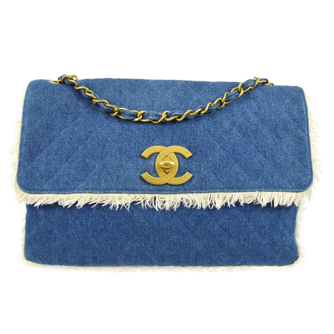 CHANEL Maxi Chain Shoulder Bag Blue Denim Flap Turn Lock: CHANEL Maxi Chain Shoulder Bag Blue Denim Flap Turn Lock Chanel Maxi Single Flap Shoulder Bag in blue denim canvas, made in France. It features a flap turn-lock closure, chain strap, shoulder strap st