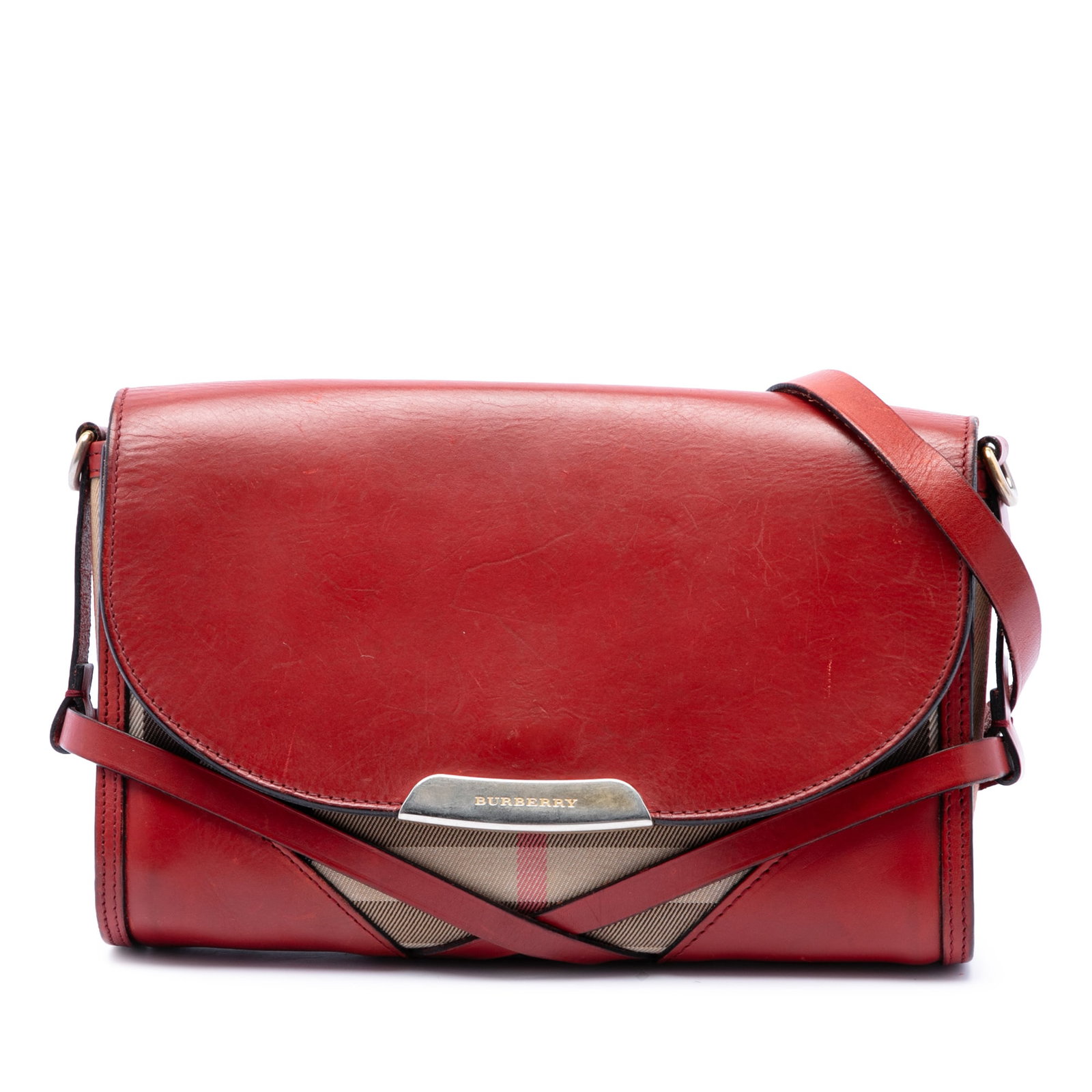 Burberry Abbott Crossbody Bag Red Leather House Check Canvas (1 of 6)