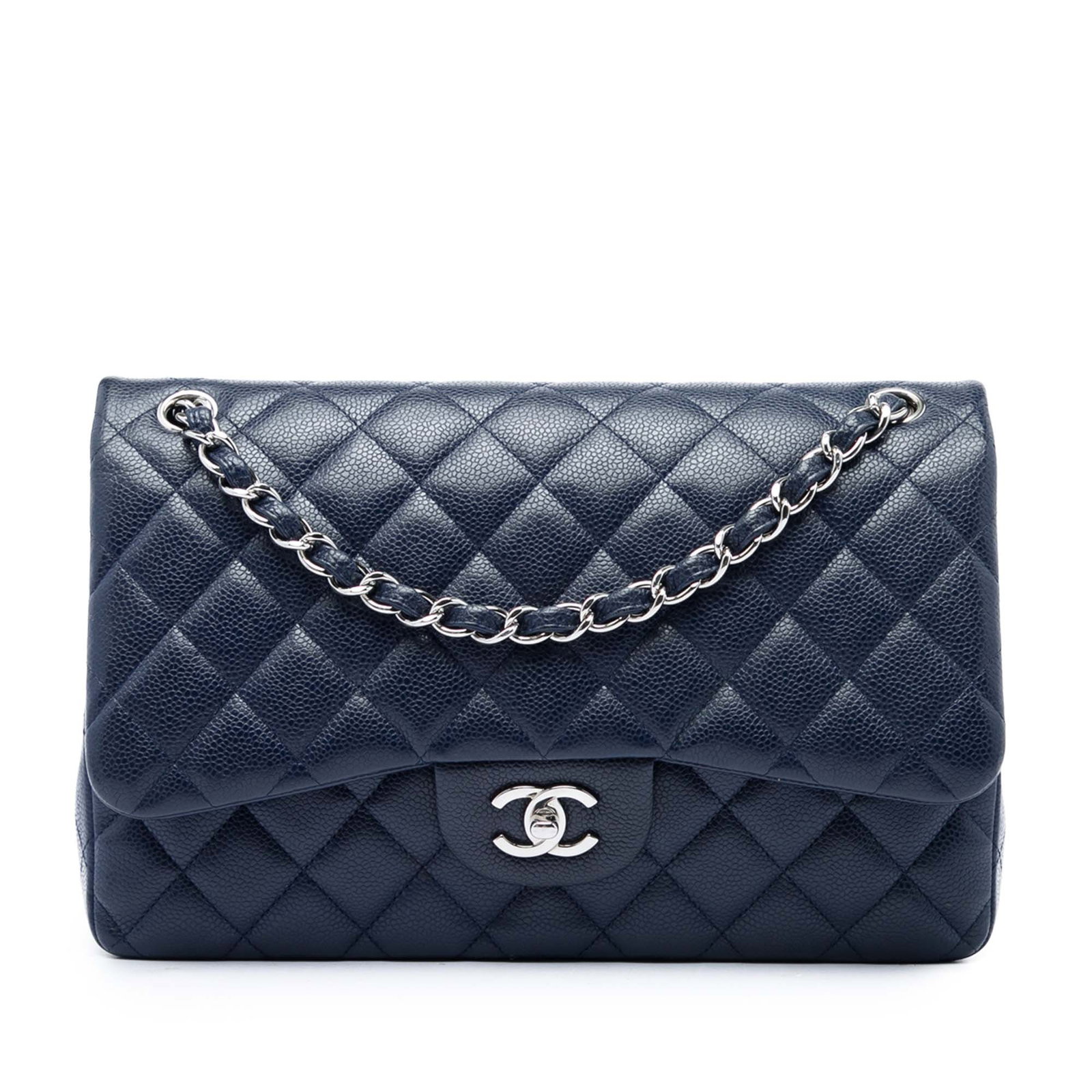 Chanel Jumbo Classic Double Flap Shoulder Bag Blue Caviar Leather: Chanel Jumbo Classic Double Flap Shoulder Bag Blue Caviar Leather A Chanel Jumbo Classic Caviar Double Flap shoulder bag in blue quilted caviar leather. It features leather-woven chain straps, double 