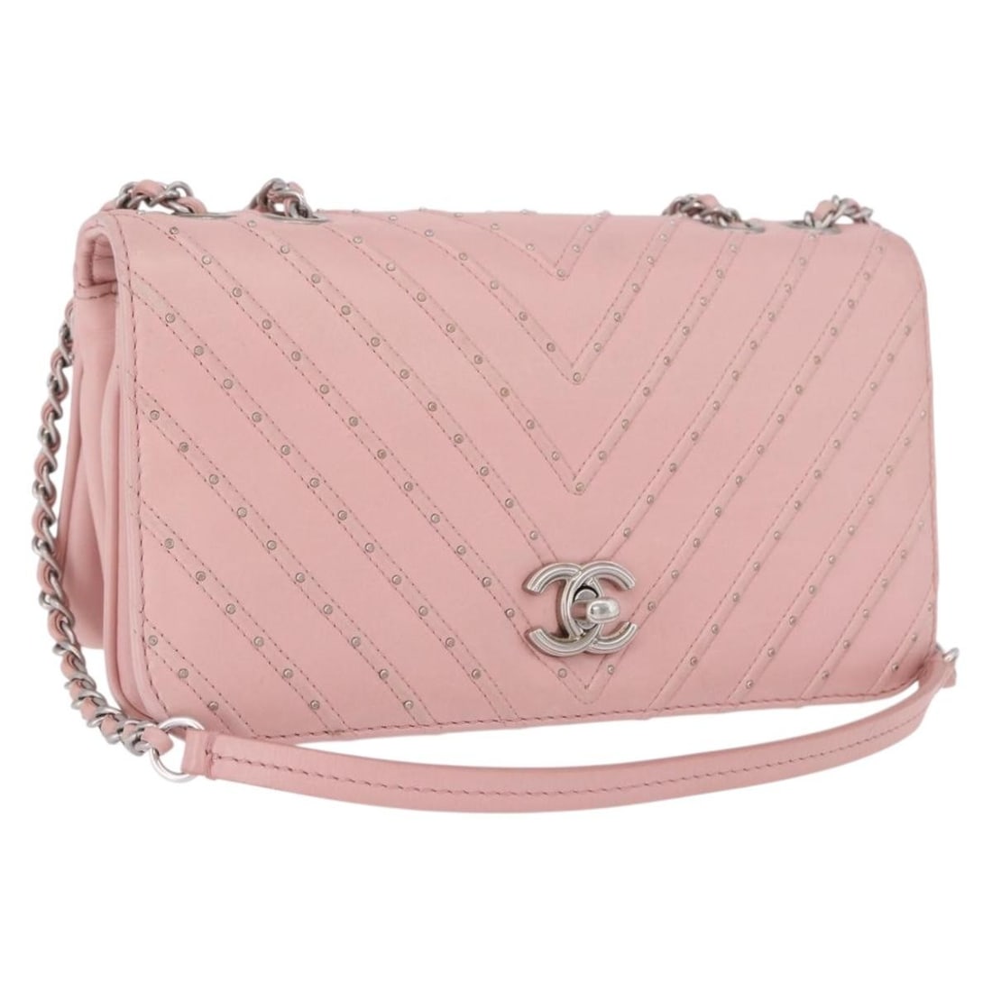 CHANEL V Stitch Lamb Skin Shoulder Bag Pink Silver Chain Studs: CHANEL V Stitch Lamb Skin Shoulder Bag Pink Silver Chain Studs Chanel V Stitch Chain Studs shoulder bag in pink lamb skin with silver-tone CC detailing. Made in Italy, this women's shoulder bag includ