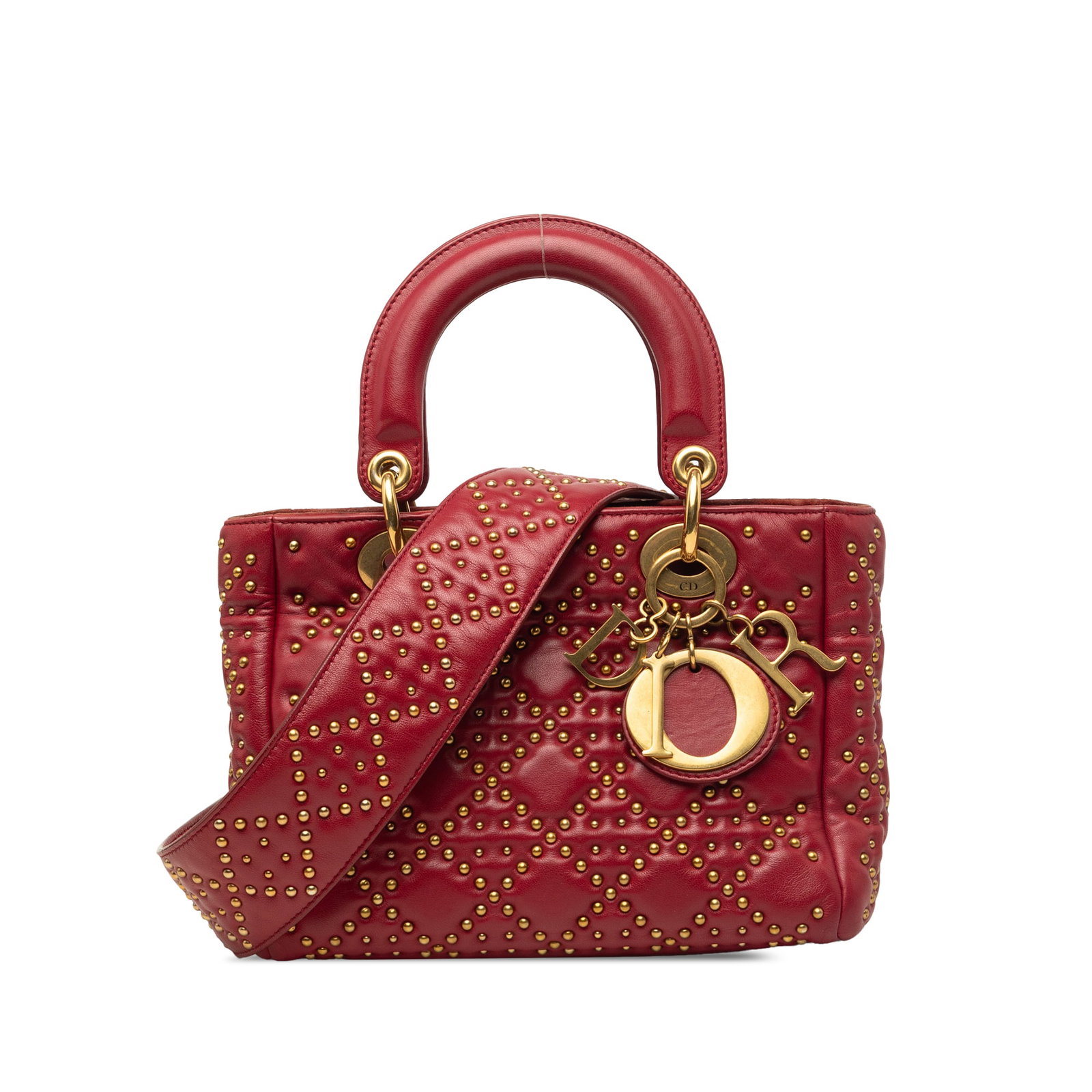 Dior Lady Dior Small Red Lambskin Studded Cannage Bag: Dior Lady Dior Small Red Lambskin Studded Cannage Bag A small Dior Lady Dior bag crafted in red lambskin with Cannage quilting and studded detailing. This bag features flat top handles, a detachable f