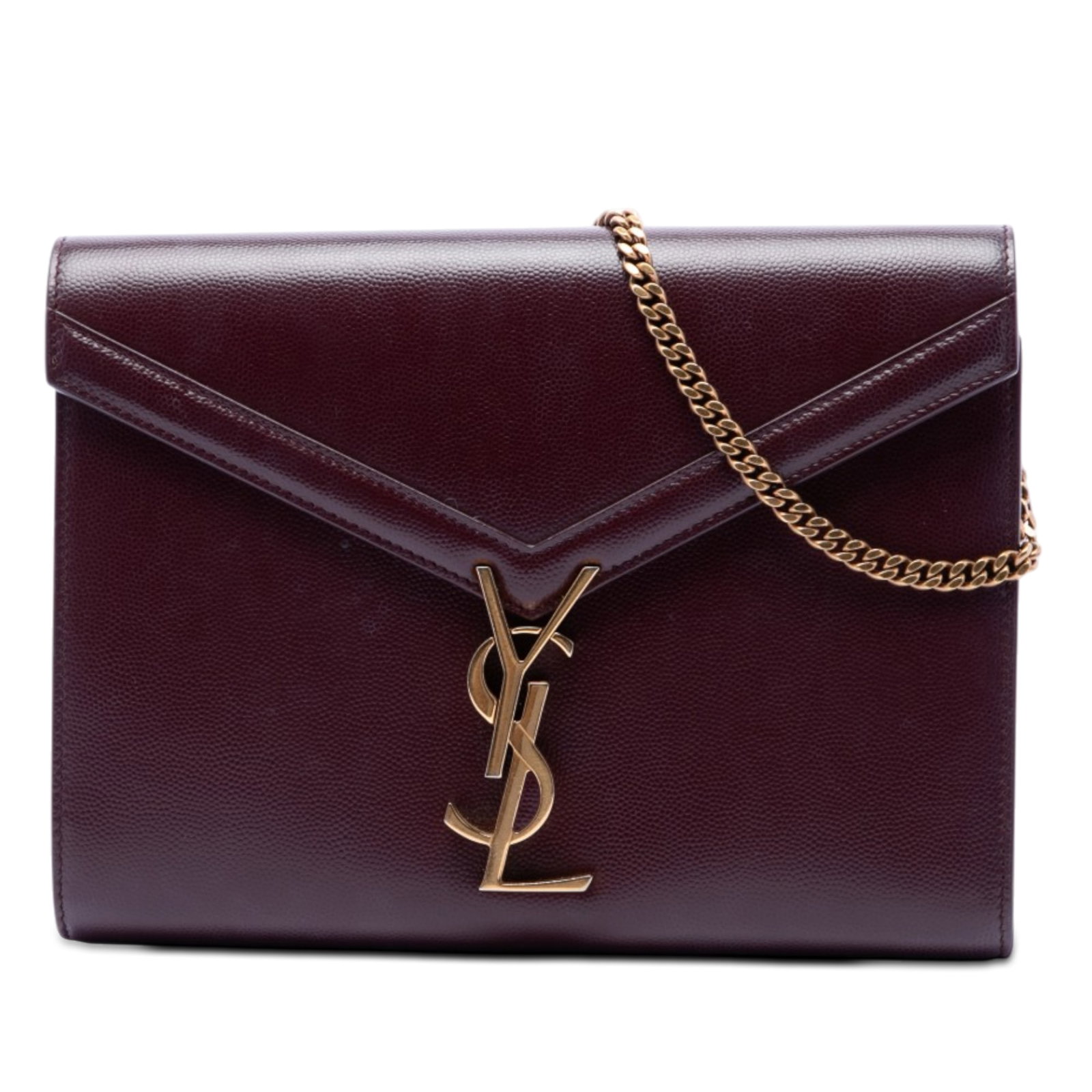 Red Leather Chain Wallet Saint Laurent Cassandra Monogram: Red Leather Chain Wallet Saint Laurent Cassandra Monogram Saint Laurent Grain De Poudre Monogram Cassandra Chain Wallet in red leather with a detachable chain link strap. The design features a front f