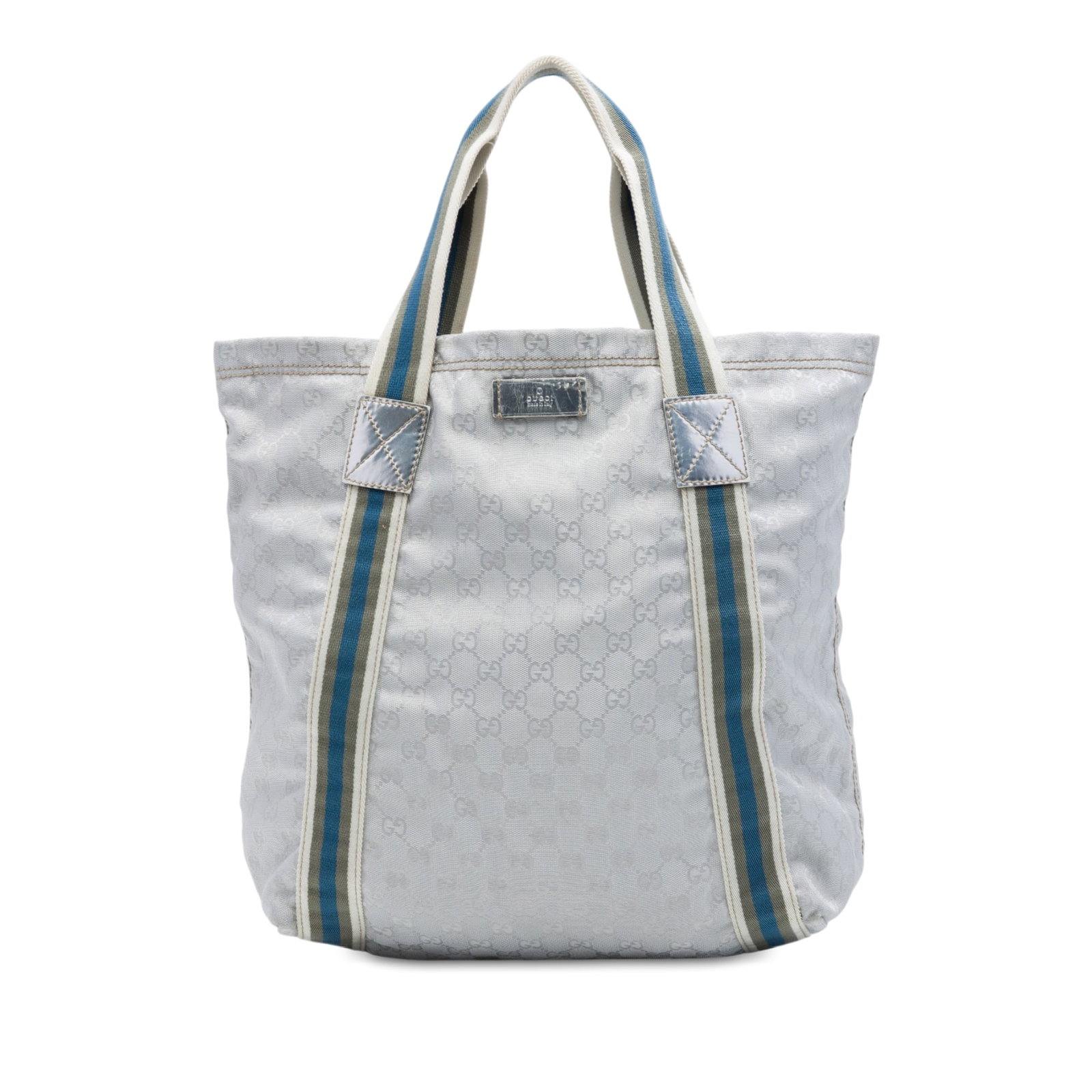 Gucci GG Canvas Tote Bag with Web Straps Gray: Gucci GG Canvas Tote Bag with Web Straps Gray Gucci GG Canvas Web Tote in gray fabric with flat web canvas straps, an open top, and interior slip pockets. Made in Italy, this tote offers a classic sil