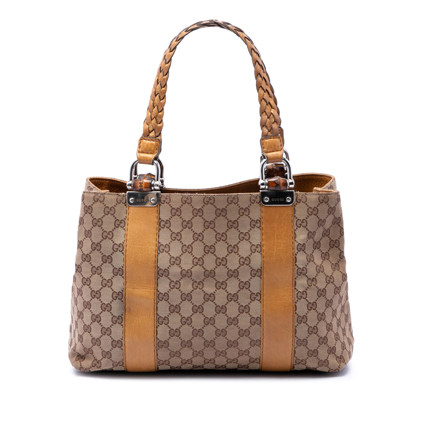 Gucci Libeccio Medium Tote in GG Canvas with Bamboo Handles: Gucci Libeccio Medium Tote in GG Canvas with Bamboo Handles A Gucci Medium GG Canvas Bamboo Libeccio Tote made in Italy. This tote features a canvas body, flat braided leather handles, an open top, an