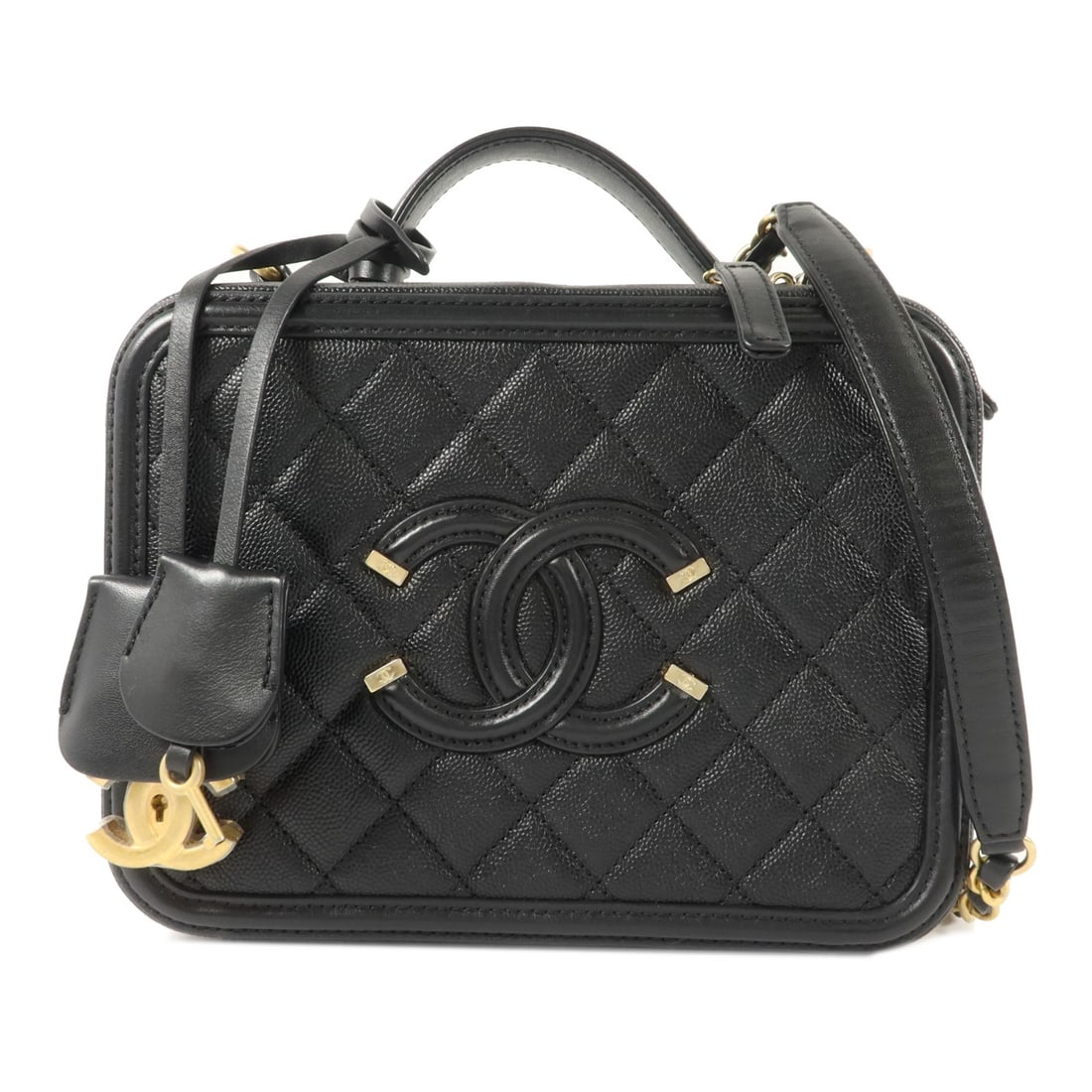 CHANEL A93343 Medium Vanity Case 2 Way Bag Black Calfskin: CHANEL A93343 Medium Vanity Case 2 Way Bag Black Calfskin A CHANEL CC Filigree Vanity Case Medium 2 Way Bag in black calfskin with gold-tone hardware. The bag features a fastener closure, two inside z