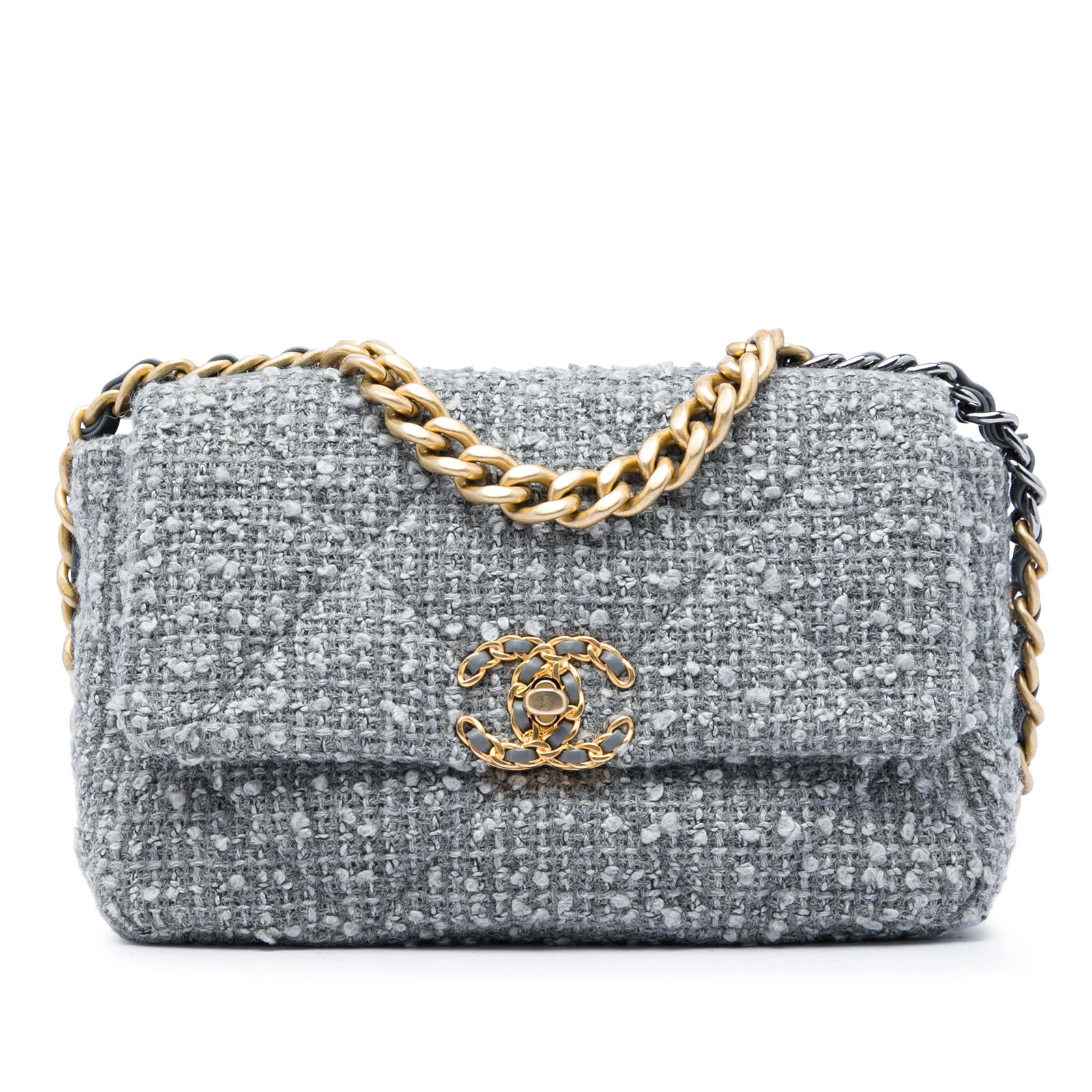 Chanel 19 Medium Flap Tweed Shoulder Bag Gray: Chanel 19 Medium Flap Tweed Shoulder Bag Gray Chanel Medium Tweed 19 Flap bag crafted in gray tweed with a gold-tone chain handle and a leather-woven chain shoulder strap. The design includes a flap w