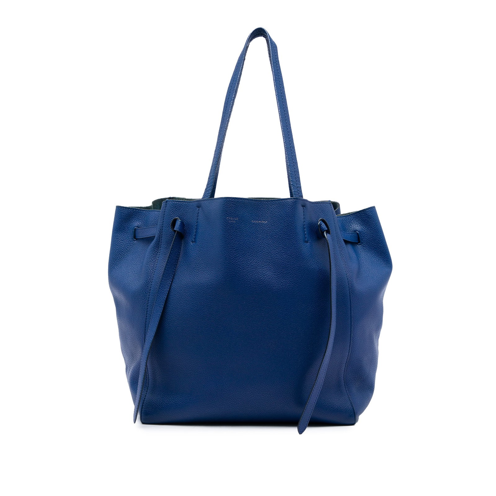 Celine Phantom Cabas Small Blue Leather Tote Bag: Celine Phantom Cabas Small Blue Leather Tote Bag Celine Small Phantom Cabas tote crafted in blue leather with flat leather straps and an open top with a flat leather drawstring closure. The interior i