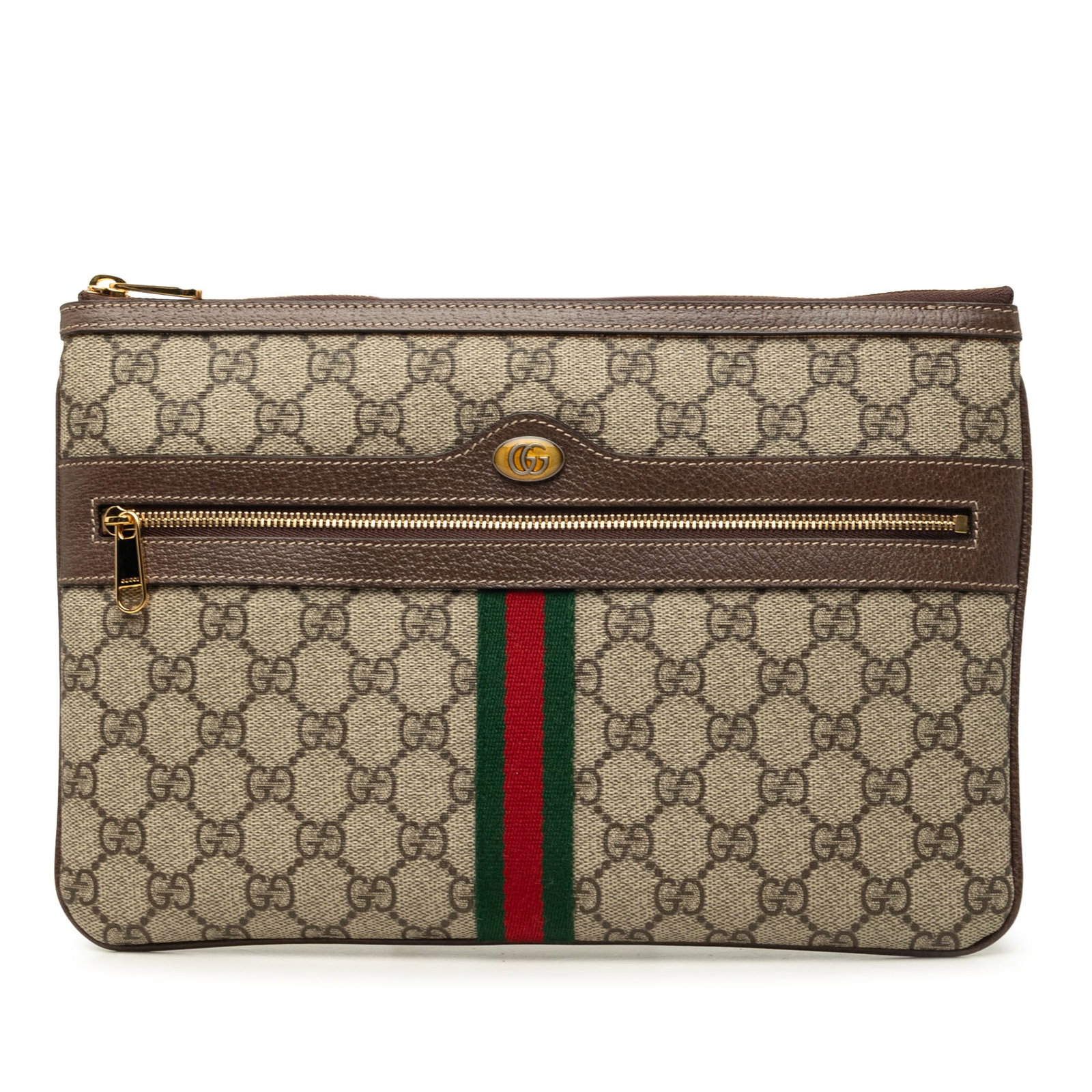 Gucci Ophidia GG Supreme Web Zip Clutch Bag: Gucci Ophidia GG Supreme Web Zip Clutch Bag Gucci GG Supreme Web Ophidia clutch in beige with a coated canvas body, leather trim, top zip closure, and an exterior zip pocket. Includes dust bag and box