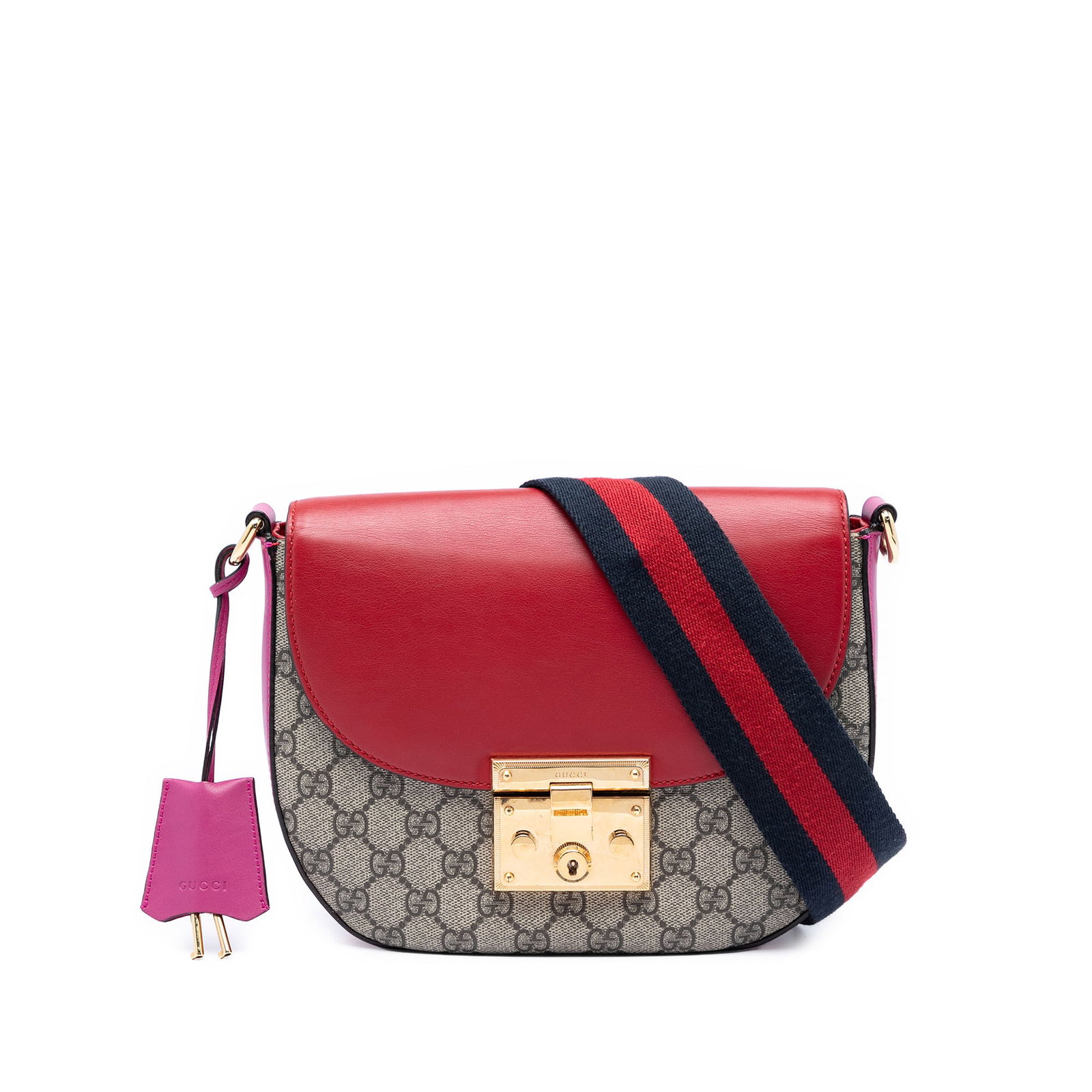Gucci Padlock Web Crossbody Bag in GG Supreme Canvas: Gucci Padlock Web Crossbody Bag in GG Supreme Canvas Gucci GG Supreme Web Padlock Crossbody bag crafted with a coated canvas and leather body. It features a detachable flat web canvas strap, a front f